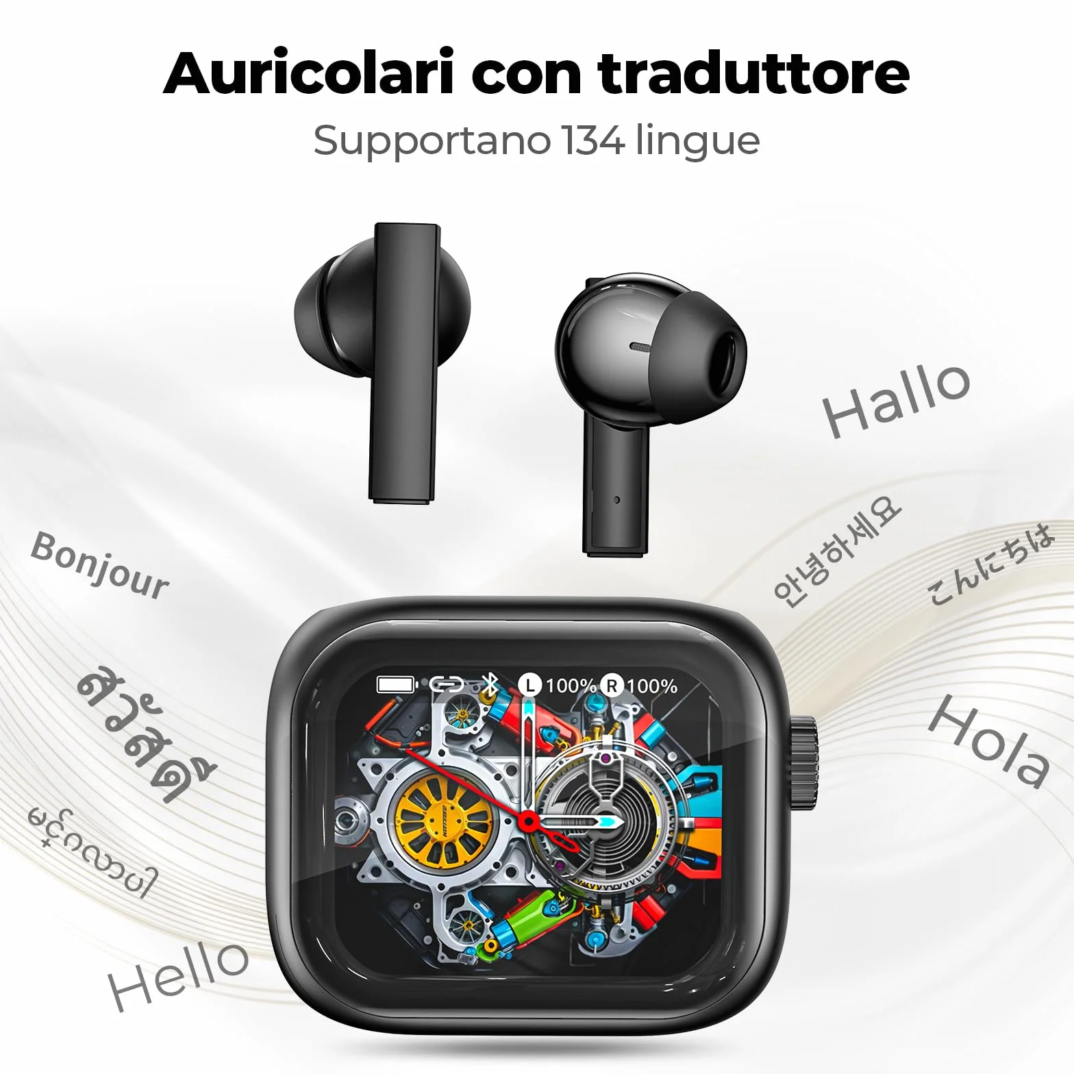 Ne40 AI cuffie traduzione simultanea, bluetooth 6.0 auricolari traduzione con 134 lingue/9 modalità - cuffie con traduttore con manopola girevole, 48 ore di autonomia per viaggi/affari/studio