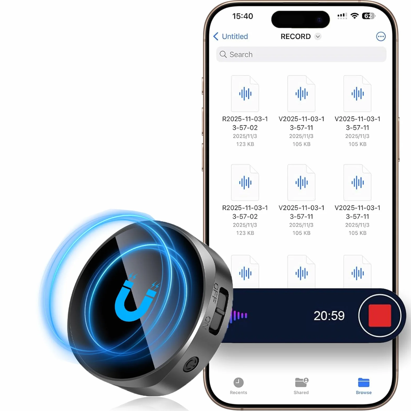 Registratore vocale magnetico da 64 GB, registratore vocale con riduzione intelligente del rumore, dispositivo di registrazione 4800 ore e registratore audio USB-C per lezioni, riunioni, interviste