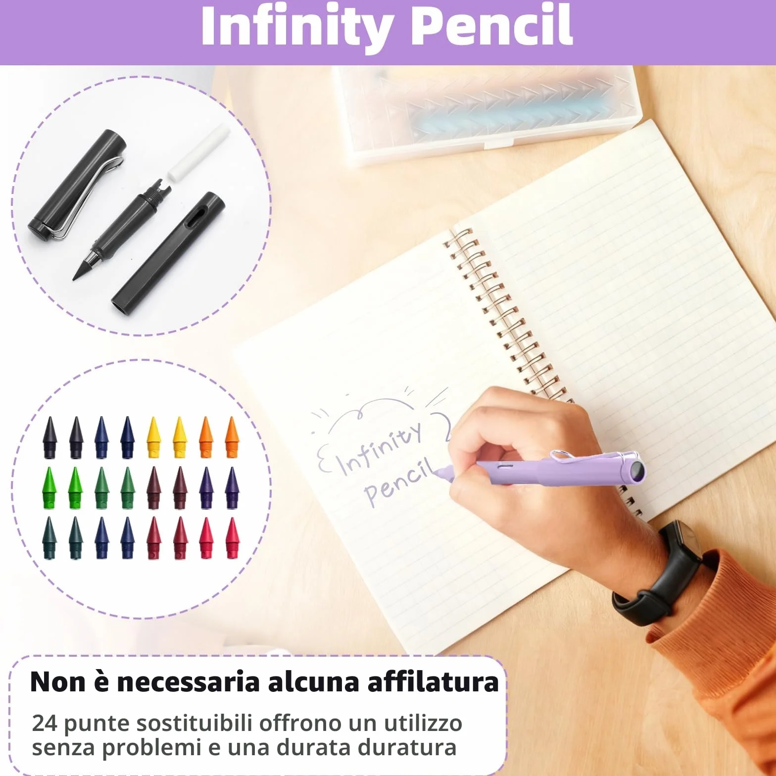 Matita Infinita Colorata 12 Pezzi con 24 Punte Sostituibili, Matite Riutilizzabili senza Inchiostro per Scrittura e Disegno