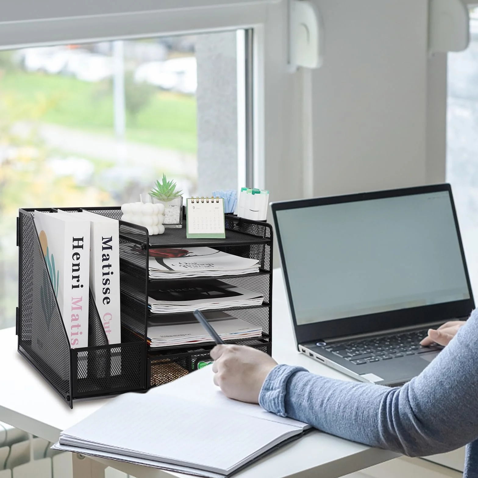 Organizer Scrivania, Vassoio per Lettere a 5 Livelli con Porta Documenti, Organizer da Scrivania in Rete Metallica con Cassetto e 2 Portapenne, Porta Riviste Multifunzione per Casa e Ufficio