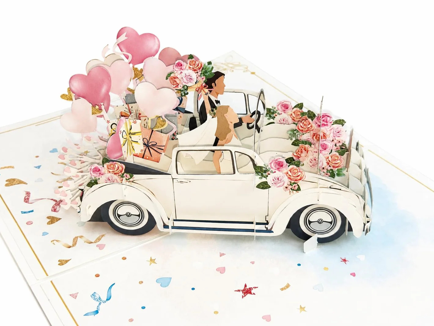Biglietto di auguri pop-up 3D per matrimonio – Auto con sposi e palloncini – 13 x 18 cm con busta