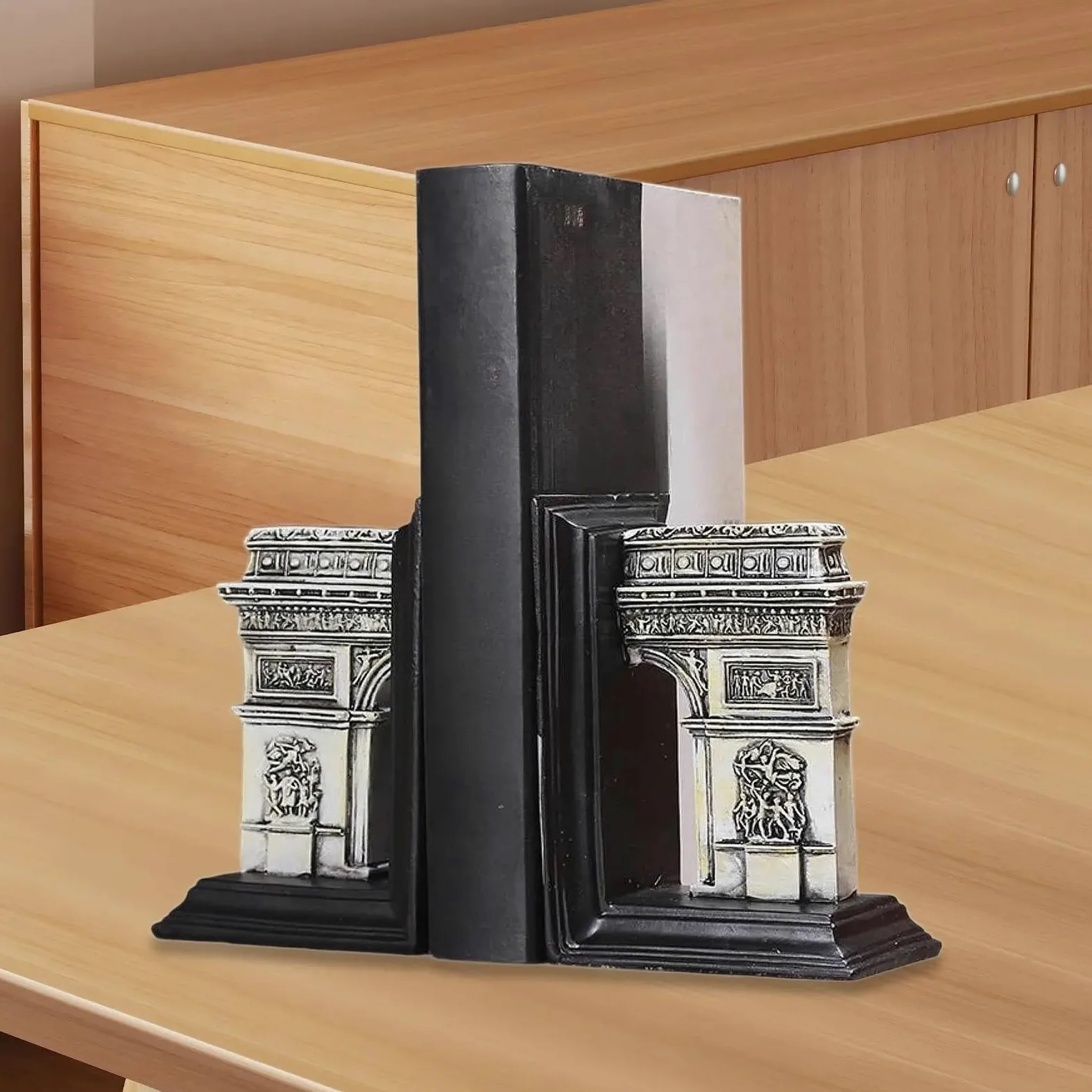 Fermalibri in resina Arch of Triumph da 2 pezzi, fermalibri antiscivolo for libri di cucina, librerie, scrivania per organizzare i libri