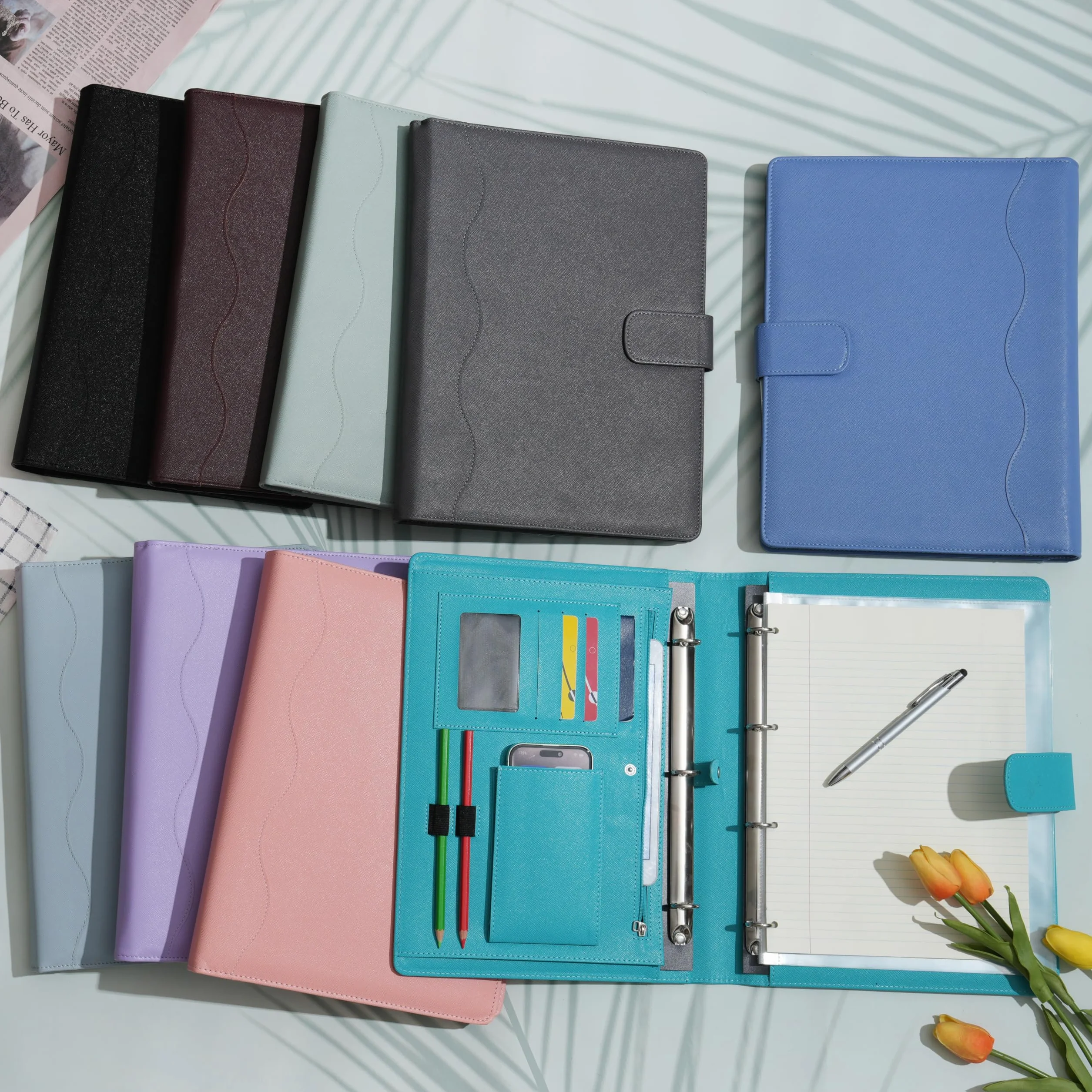 Wonderpool Portadocumenti A4 PU Pelle 4 Anelli Raccoglitore Rimovibile Tasca Funzionale Organizzatore Ufficio Viaggi Scuola Ciano