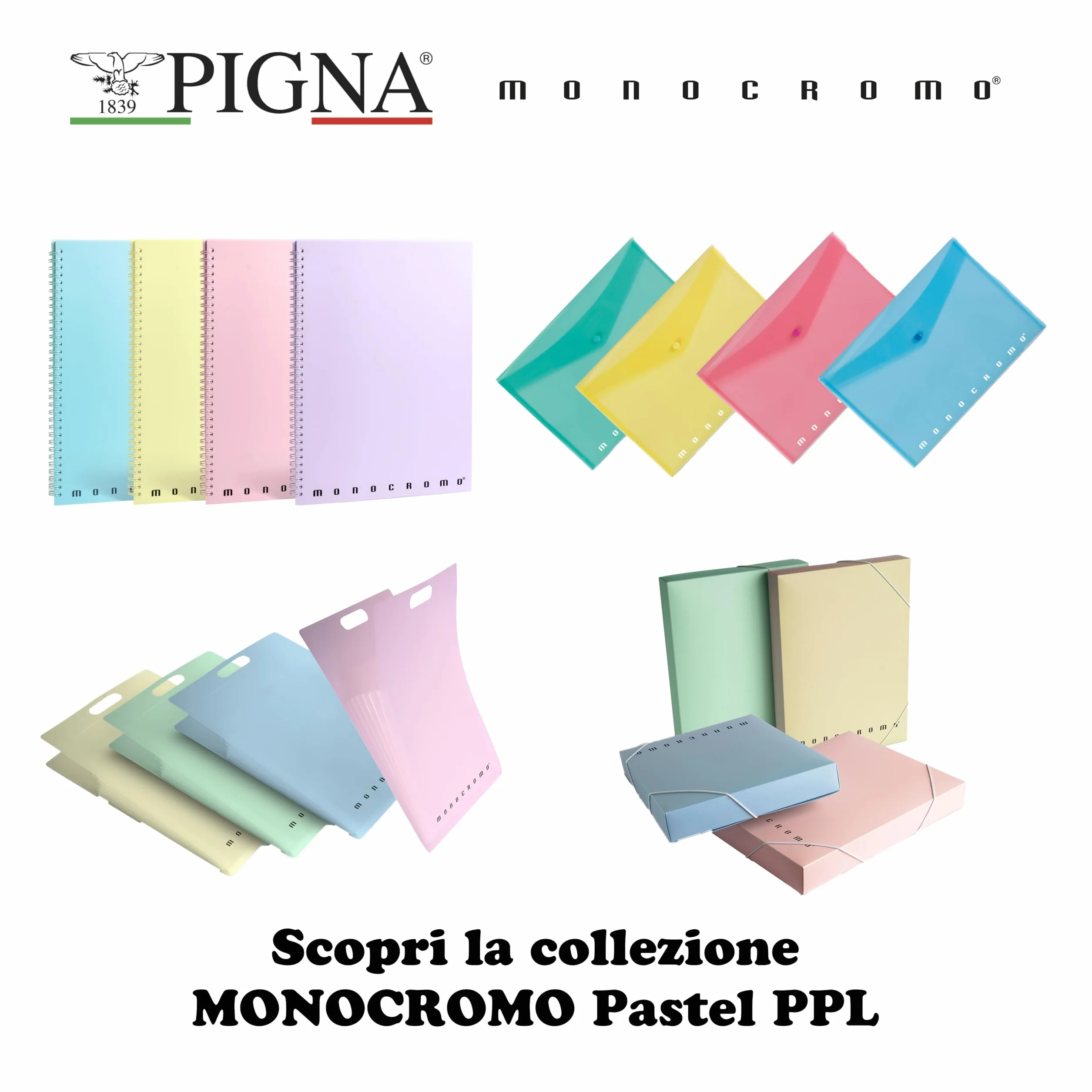 Pigna,Confezione 5 Quaderni Maxi A4 Spirale MONOCROMO Pastel,22x29,7 cm,4 Fori e Microperforazioni, 140 pagine, Carta 80 g/m², Copertina PPL,interno 5M,quadretto 5mm