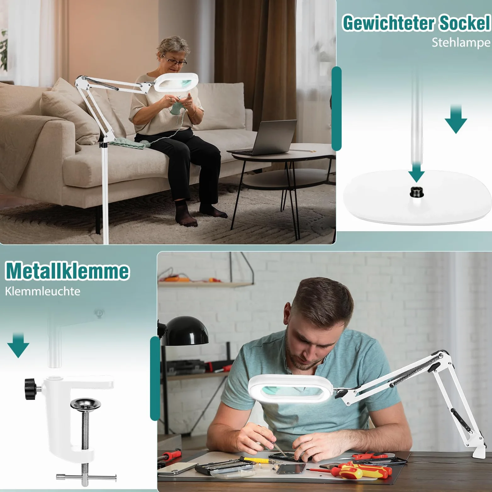 Lente d'ingrandimento 10X con luce e supporto, lampada da terra con lente d'ingrandimento 3 in 1, 5 modalità di colore, lampada con lente d'ingrandimento dimmerabile per pittura e cucito.