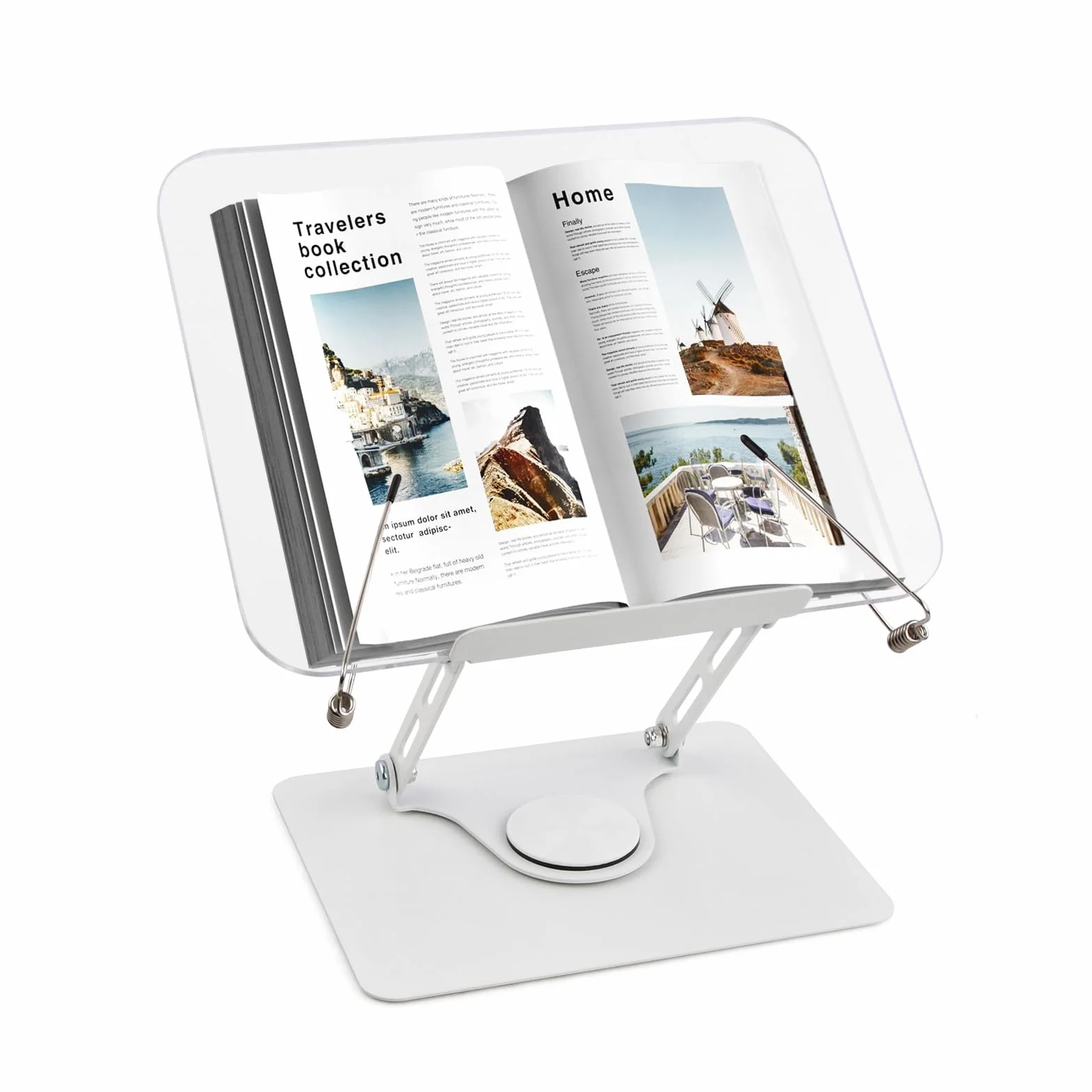 Leggio per Libri in Acrilico con Base Girevole 360° e Clip Elastiche, Regolabile 4,4-39 cm, Pieghevole Porta Libro da Scrivania