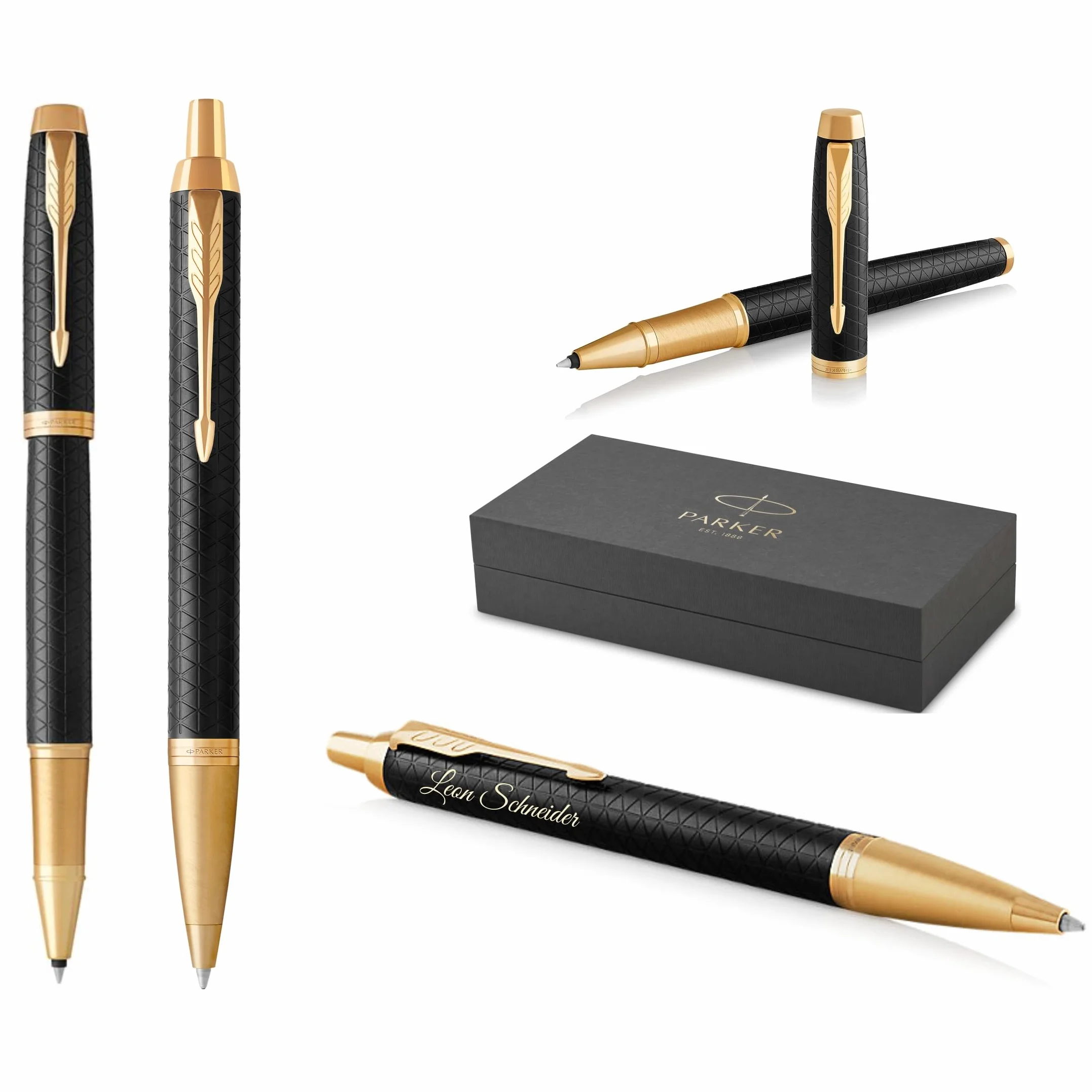 Parker IM Premium Penna roller e penna a sfera con incisione | penna premium | confezione regalo | regalo personalizzato | anniversario | compleanno (nero/oro G.C.)