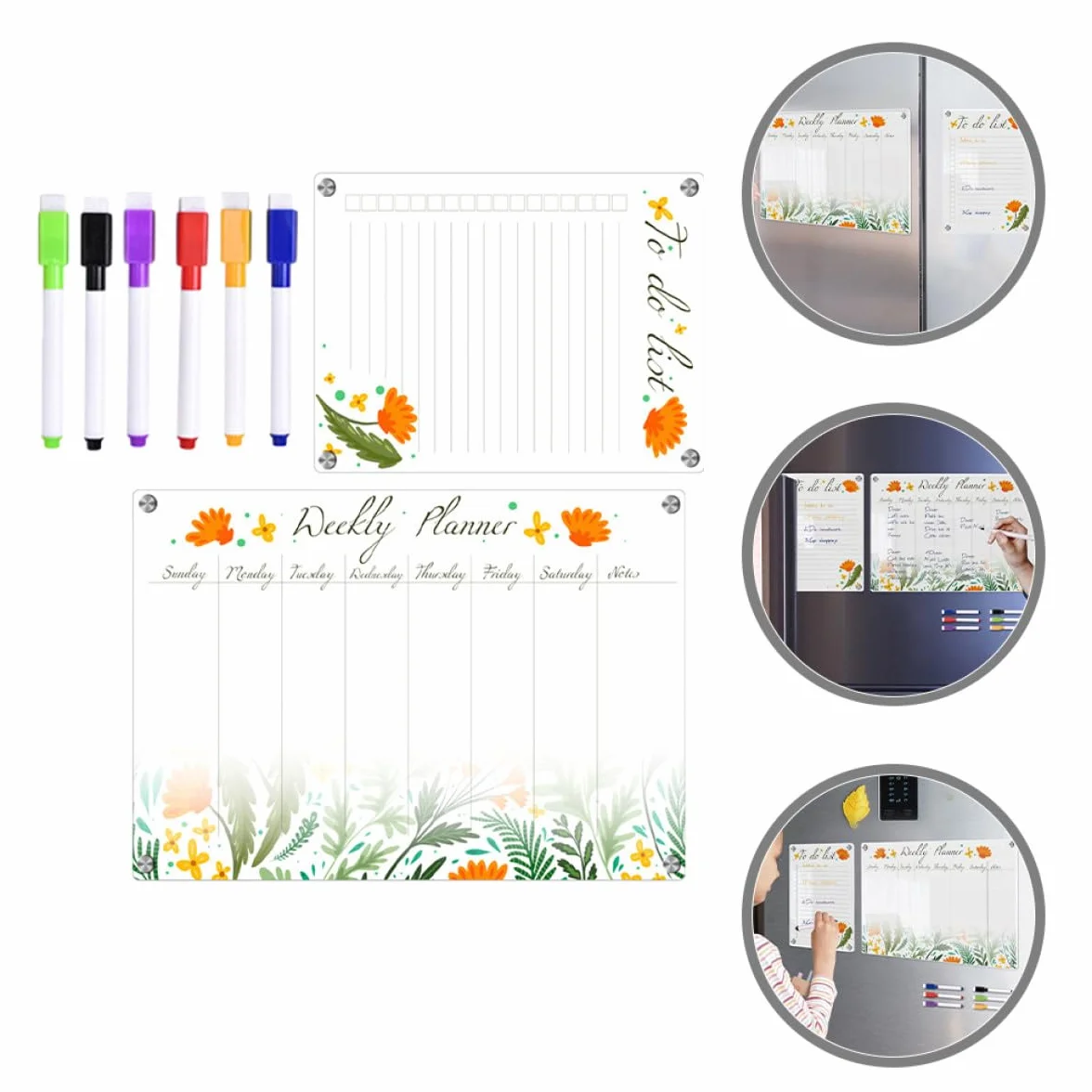 Calendario Settimanale Magnetico per Frigorifero Lavagna Acrilica Cancellabile a Secco Bordo Floreale Trasparente Set 8 Pezzi A3+a4 per Casa, Ufficio e Scuola