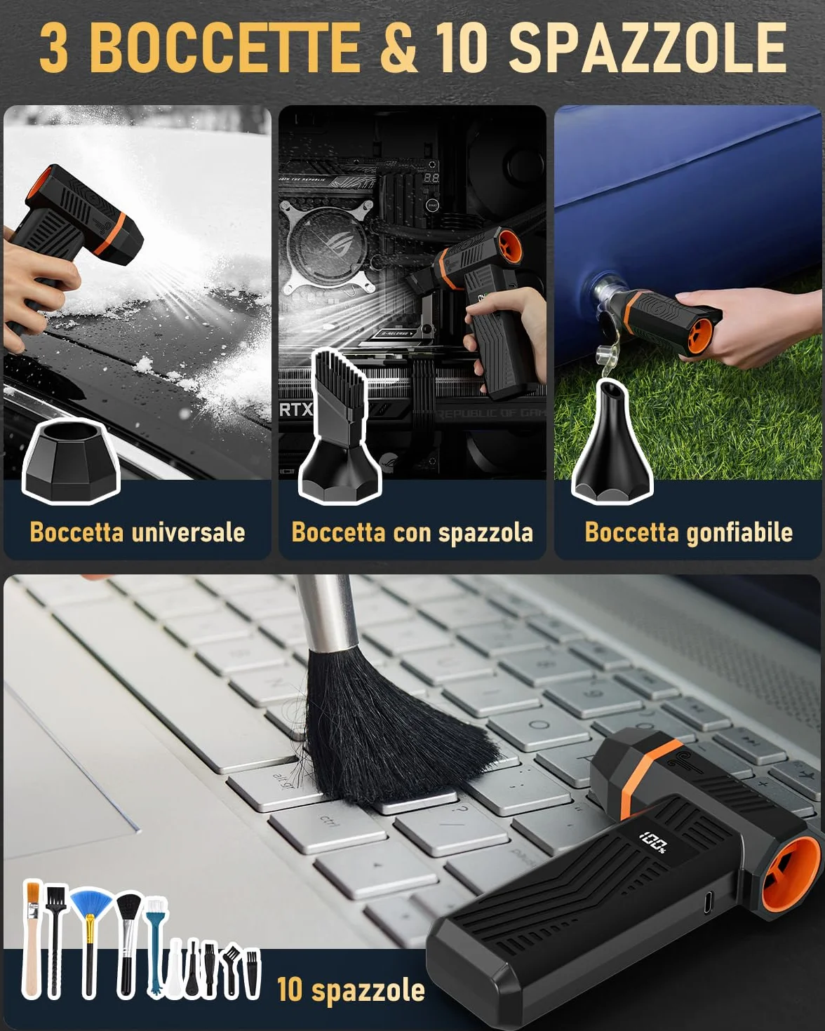 GLAM Soffiatore d'Aria Elettrico con Display LED e Luce, 4 Velocità 150000RPM Aria Compressa Elettrico per PC, Divano, Tastiera, Auto