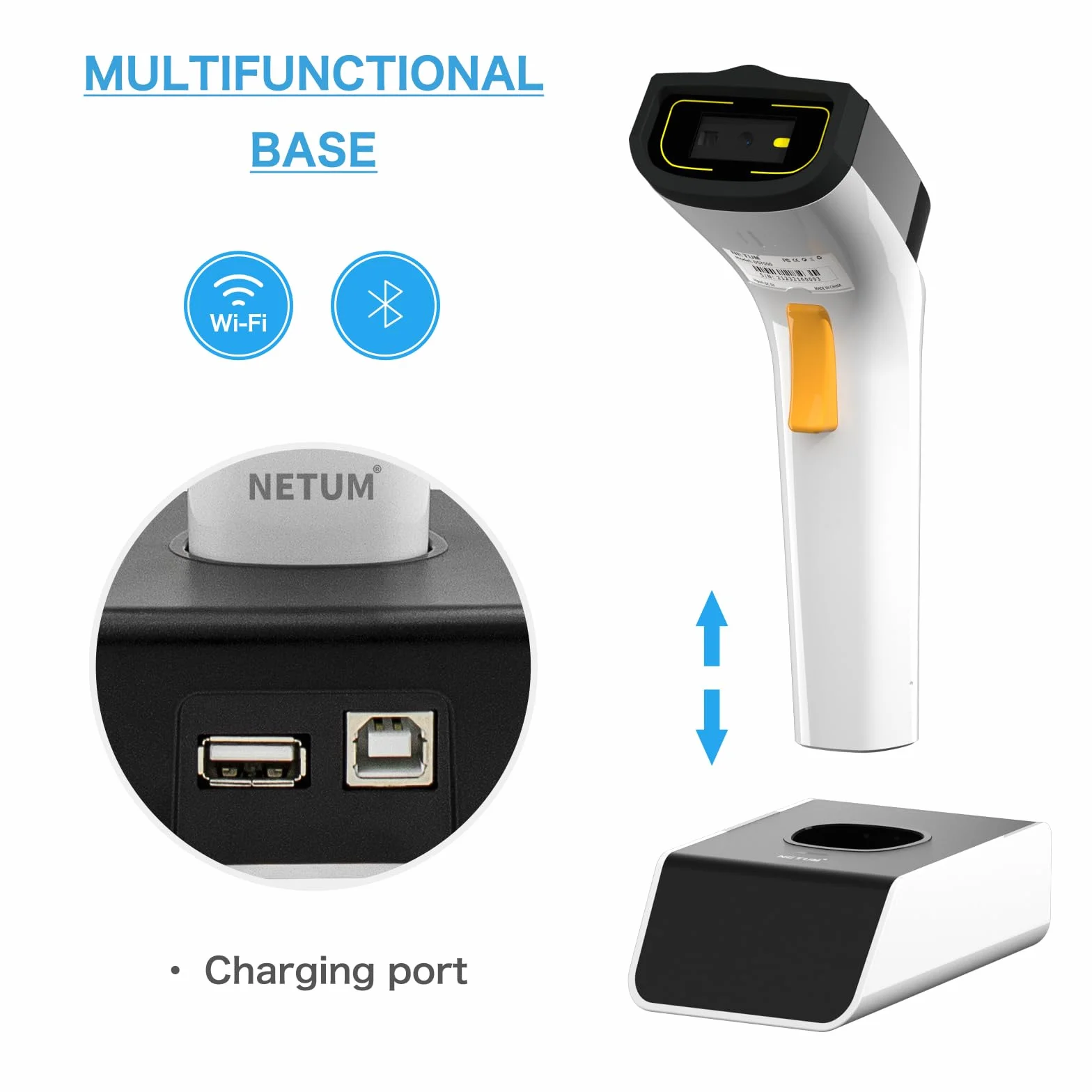 NETUM Scanner di Codici a Barre 2D Wi-Fi Wireless Collegati con Protocolli di Rete TCP UDP, Lettore di Codici a Barre Automatico a Rilevamento Mani Libere 1D 2D QR PDF417 Inventario POS - DS2800