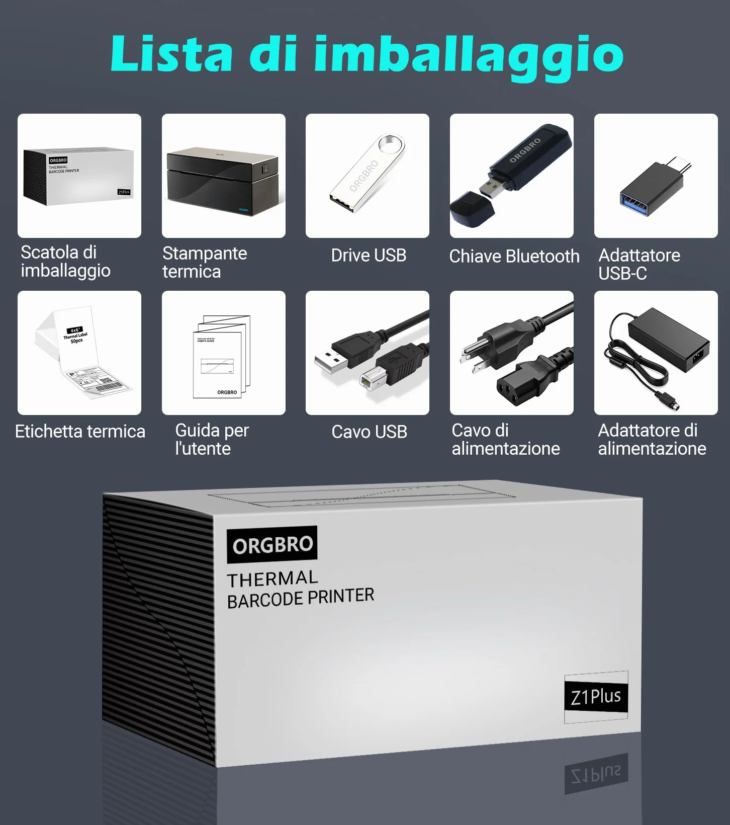 Stampante Etichette ORGBRO Z1 Plus Bluetooth 4x6 Termica per Spedizione, Compatibile Amazon eBay Shopify, Nero