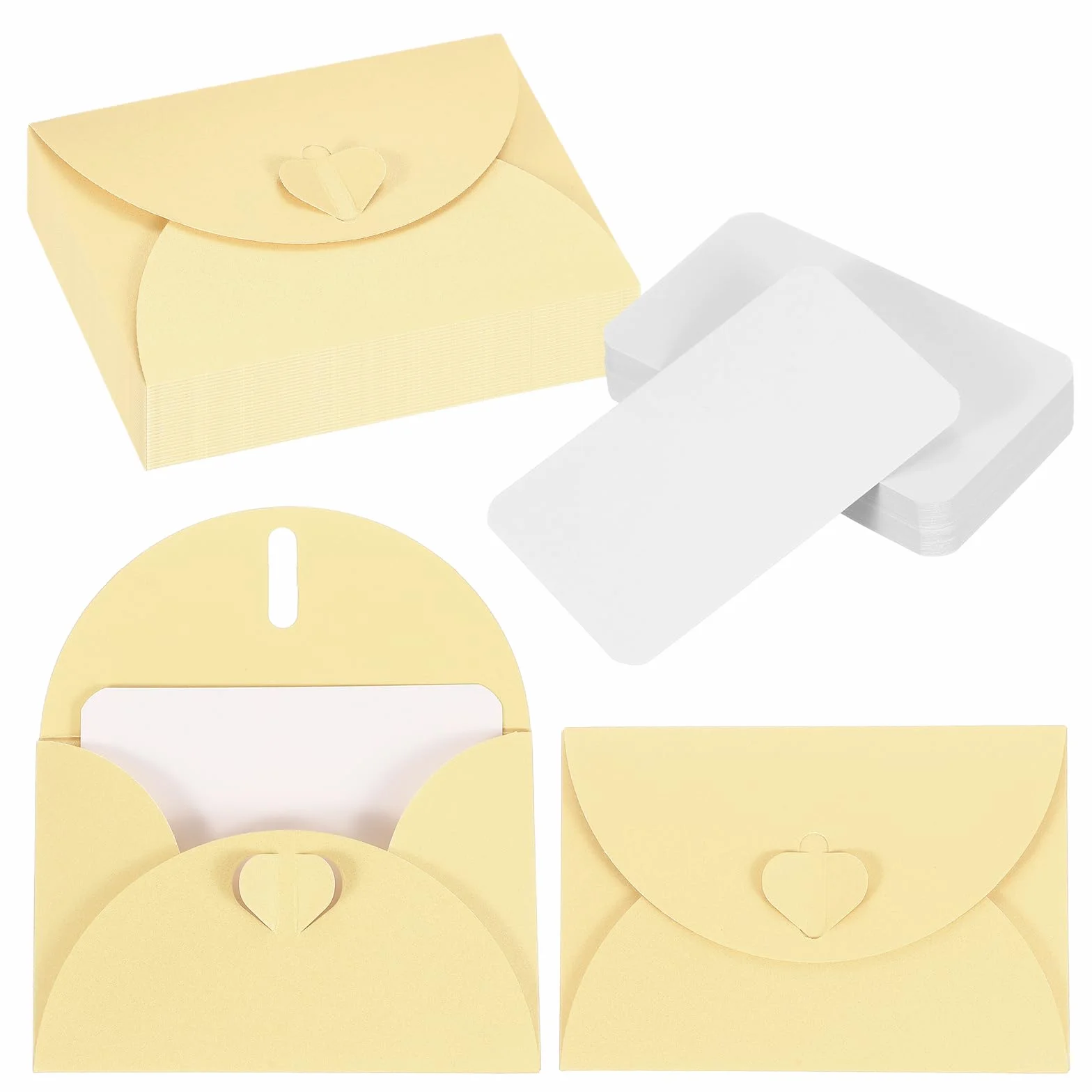 PATIKIL 50 Set Mini Buste Con Chiusura A Cuore 4.1x3" Biglietti Bianchi Con Buste Giallo Uovo