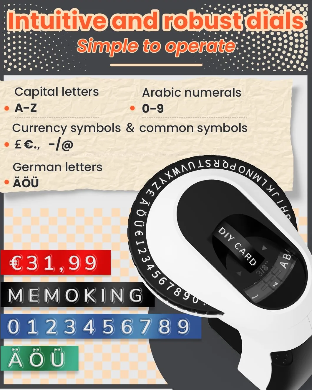 Memoking E975 3D Embossed Label Maker Machine Etichettatrice a Rilievo Adesiva con 3 nastri