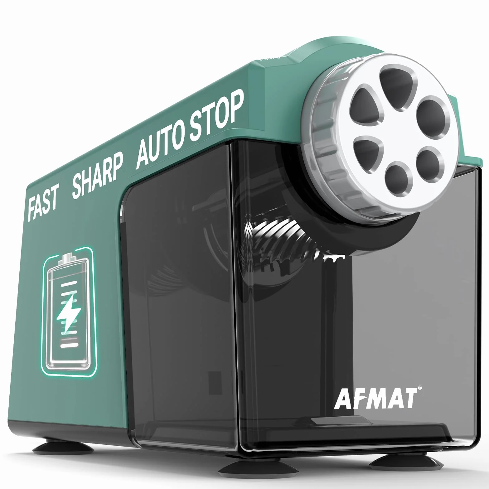 AFMAT Temperamatite Elettrico, Temperamatite a Grande Capacità Con Contenitore Con 6 Fori per Matite Da 6-11mm, Ricaricabile, Robusto, Elettrico per Aule, Ufficio, Scuola, Artisti, Verde