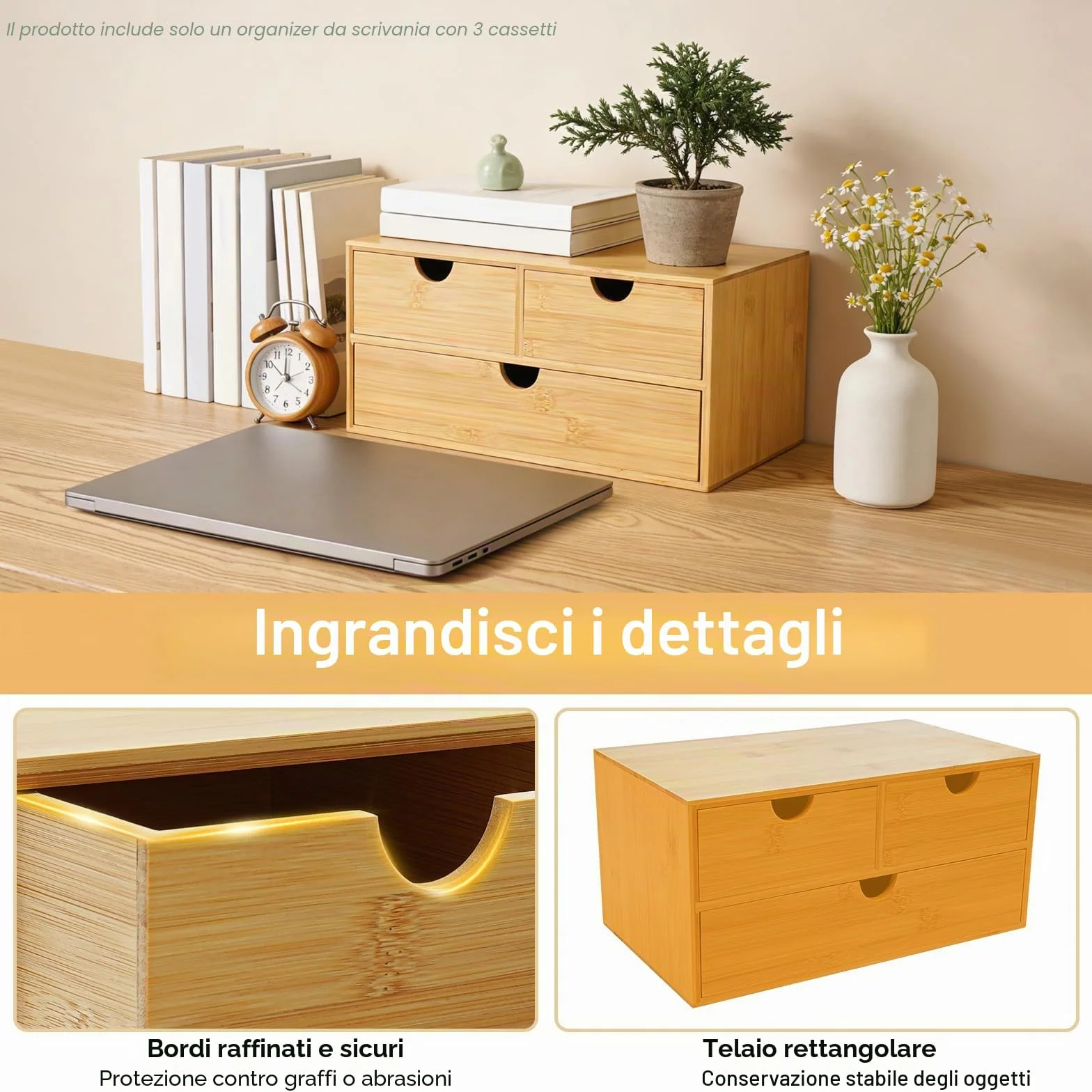 Organizer da scrivania in bambù con cassetti, mini cassettiera in bambù, design monoblocco, scatola per trucco con 3 cassetti, per ufficio, soggiorno e camera da letto