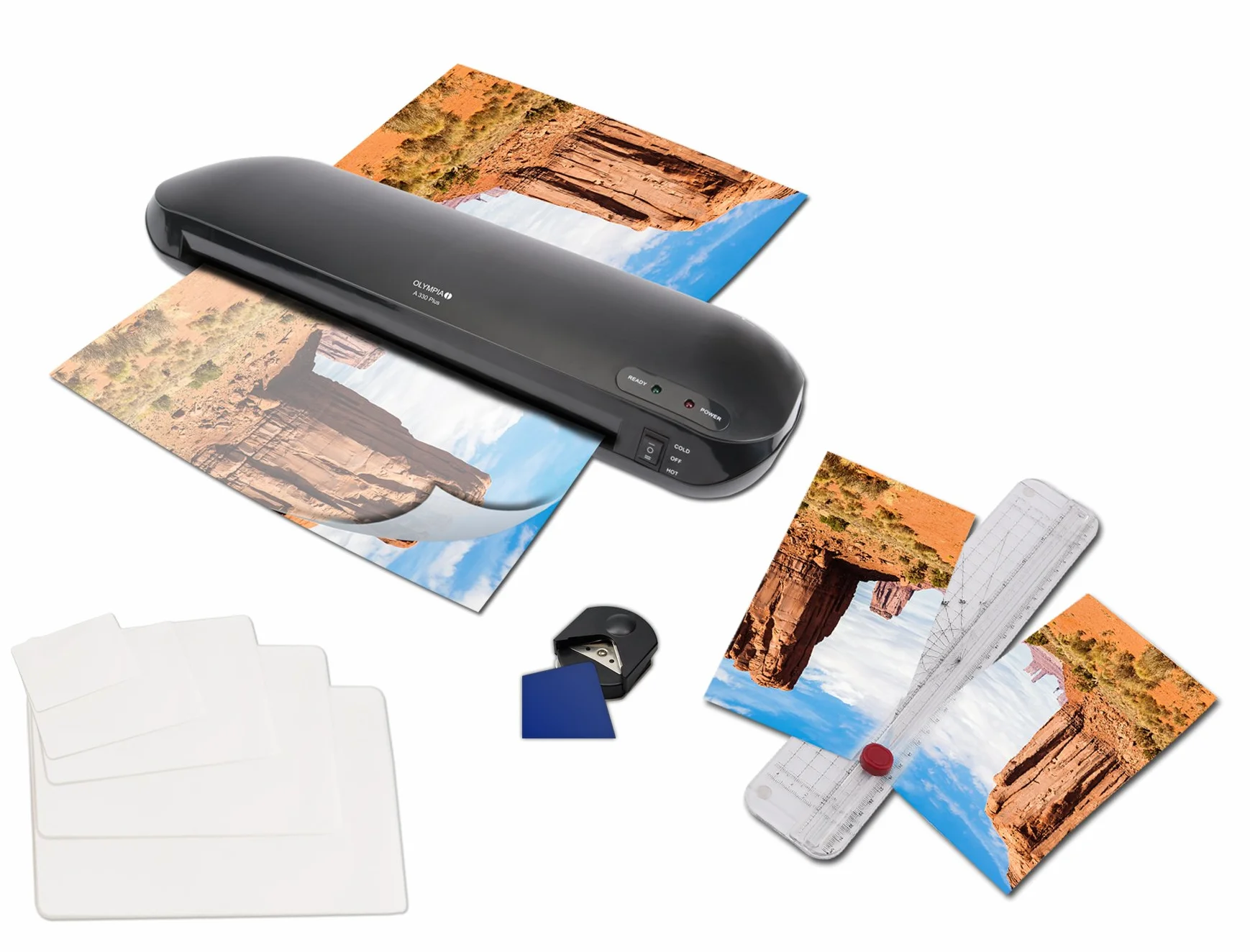 Olympia, plastificatrice 4 in 1 modello A 330 Plus per formato A3, con dispositivo di taglio, 15 fogli (dal formato A4 ai biglietti da visita) e arrotonda angoli