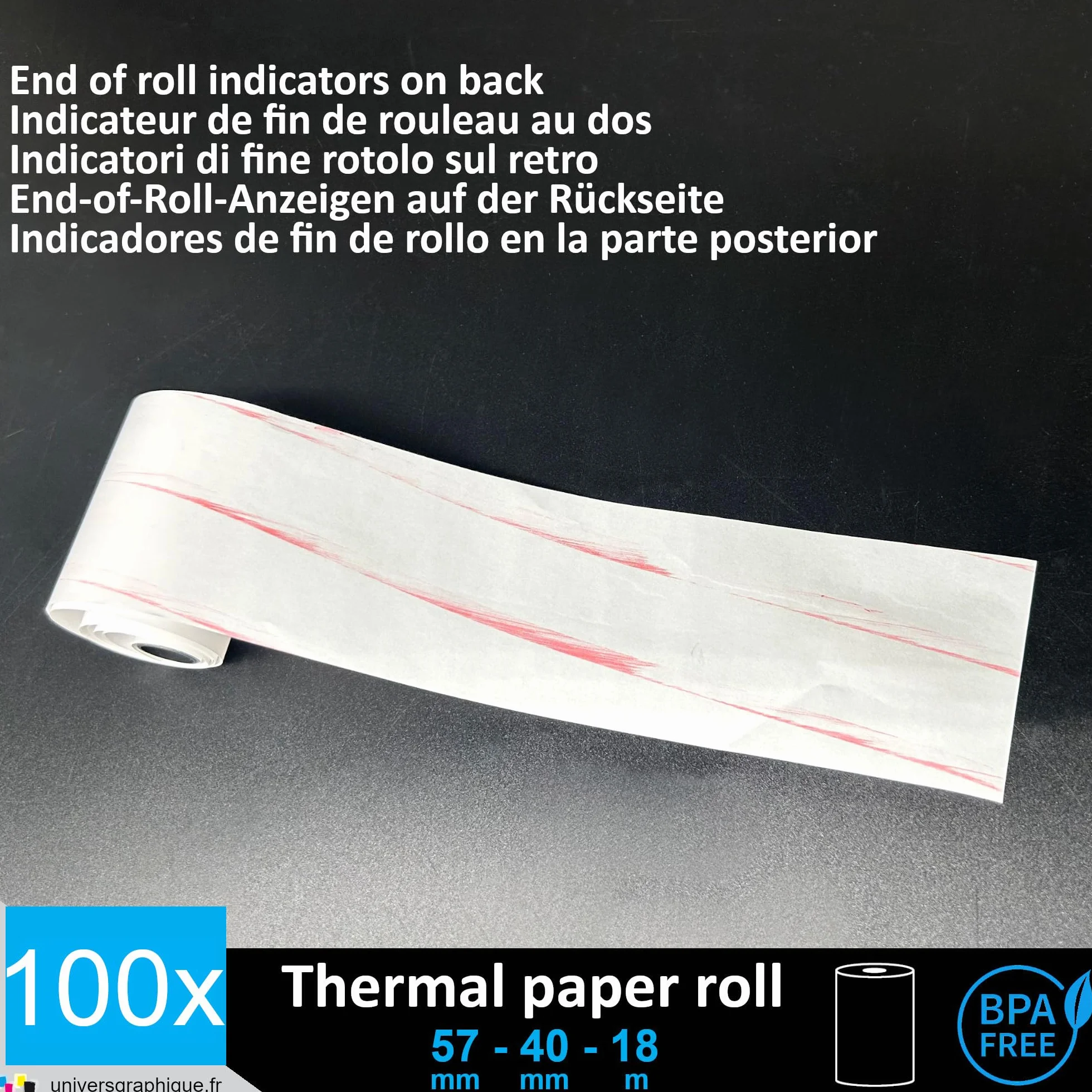UniversGraphique 100 Rotoli di Carta Termica per Stampare Scontrini, 57mm x 40mm, Carta Bianca di Alta Qualità senza BPA