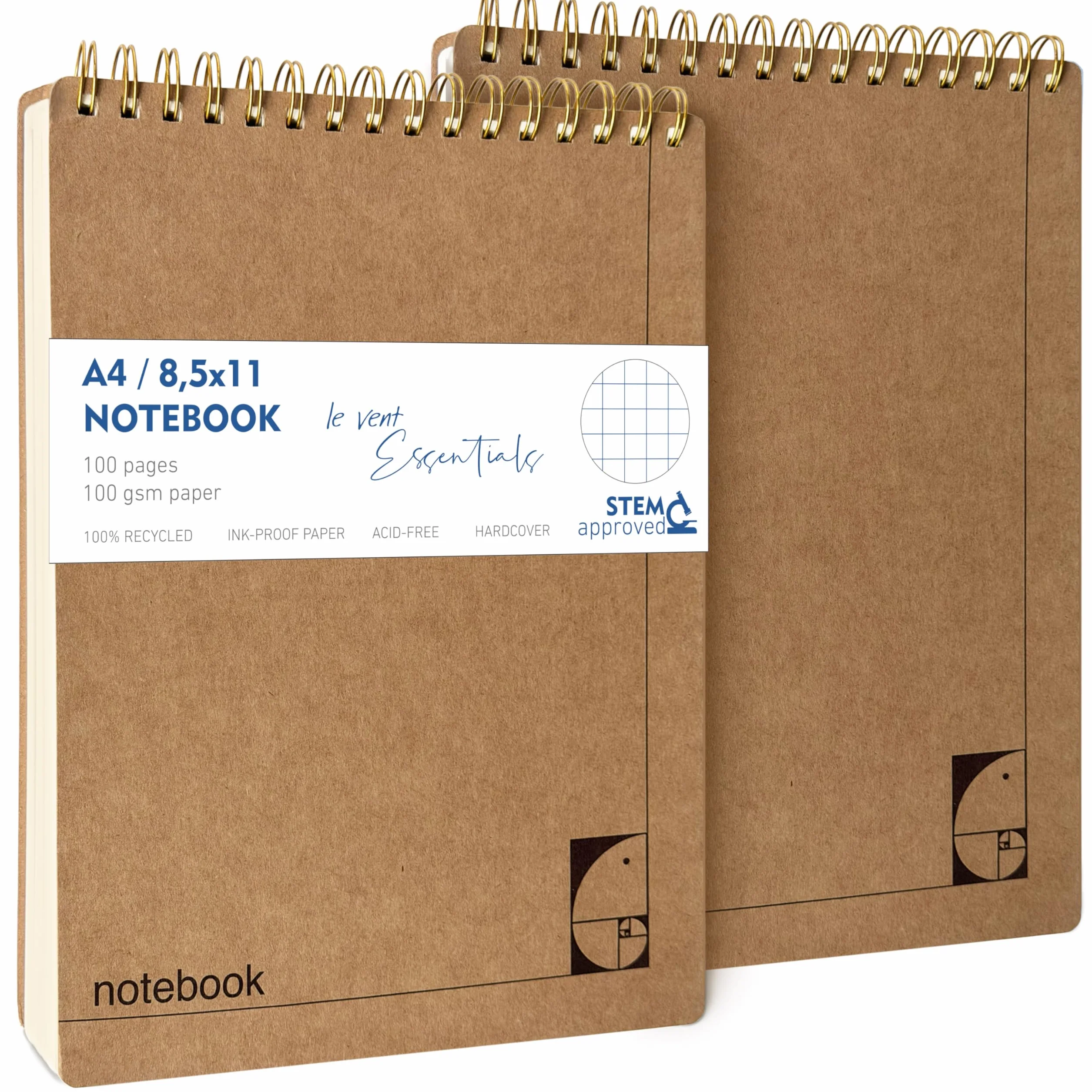 le vent Taccuino a spirale superiore 8,5 x 11 - Blocco note con copertina rigida a quadretti 200+200 pagine, carta spessa 100 g/m², non sbava, formato A4, blocco note per ingegneria, matematica e
