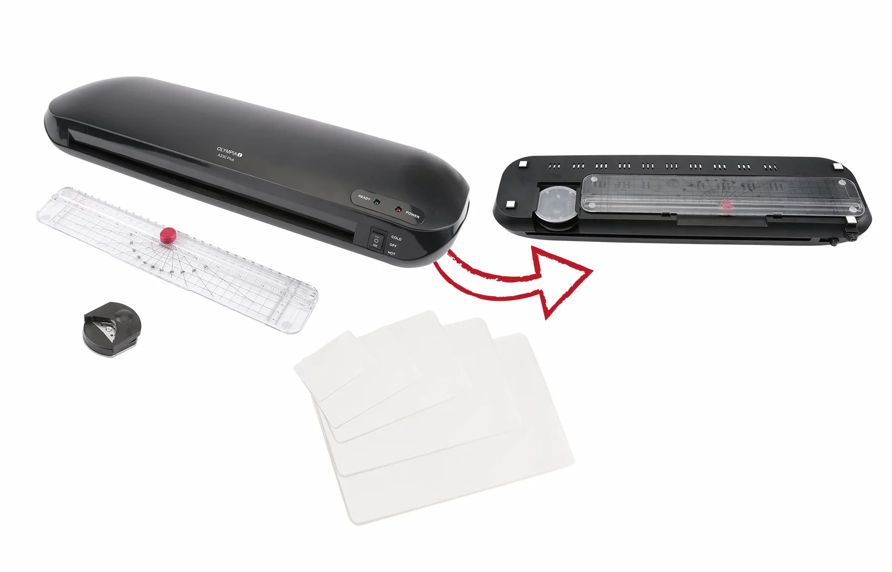 Olympia, plastificatrice 4 in 1 modello A 330 Plus per formato A3, con dispositivo di taglio, 15 fogli (dal formato A4 ai biglietti da visita) e arrotonda angoli
