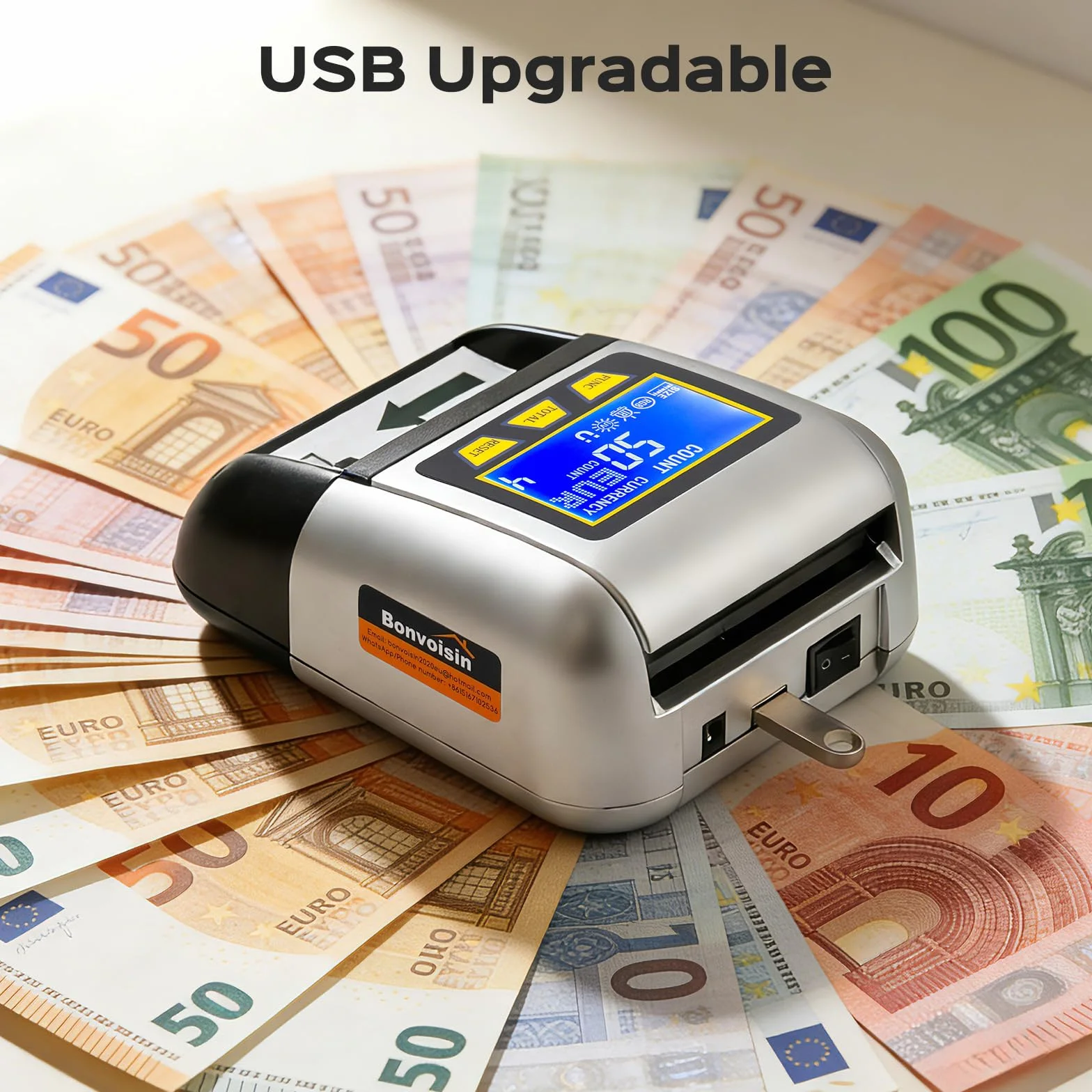 Bonvoisin Verificatore di Banconote, Rilevatore Falsi con UV/IR/MG, Portatile Testare con Funzione Valore Totale, Batteria Ricaricabile, 4 Orientamenti, Compatibile EUR/USD/GBP Ecc., Schermo LCD (A)