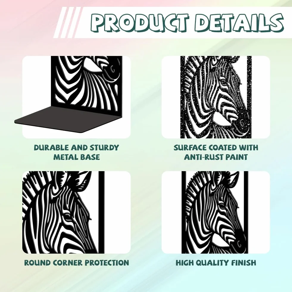 Peacoblue Fermalibri in metallo per mensole, decorazione moderna resistente, fermalibri per ufficio, scrivania, mensola, stanza, 13,5 x 10,9 x 20,1 cm, in ghisa, 1 paio (zebra)