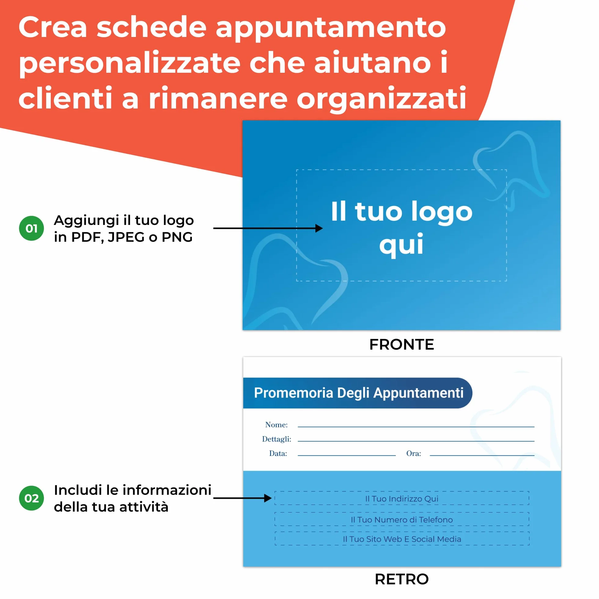 Cartoline appuntamenti personalizzate per studi dentistici con logo e grafica, 1000 pezzi, 324 g/m², 85 x 55 mm, stampa fronte-retro, promemoria per attività e negozi locali