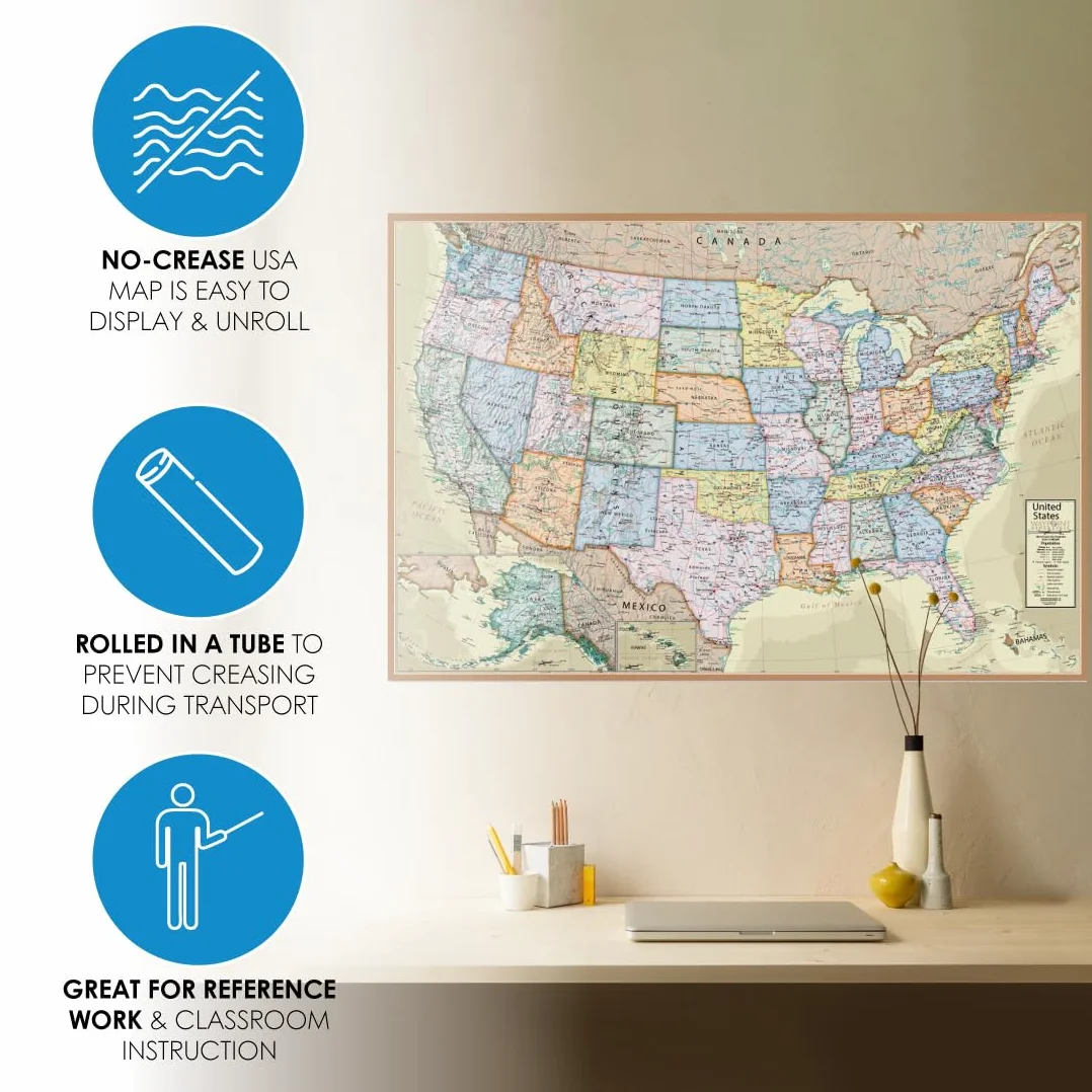 Waypoint Geographic Mappa del mondo laminata in stile antico della serie Boardroom USA, arte educativa da parete per casa, aula o ufficio, regali unici, 61 x 91,4 cm
