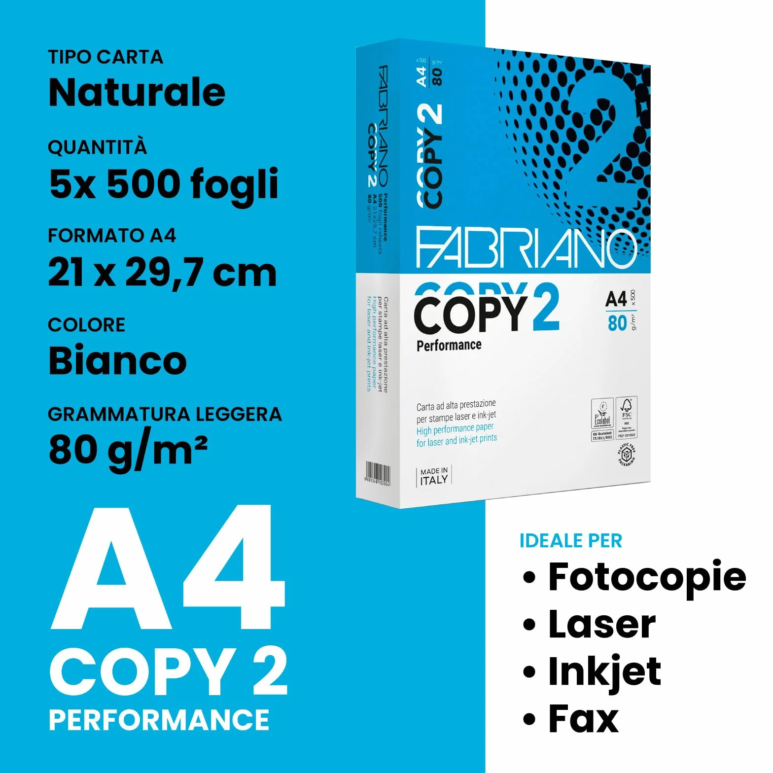 Fabriano Carta A4 per Stampante Copy 2, 80gr, 5 Risme 2500 Fogli, Multiuso Ufficio Fotocopie