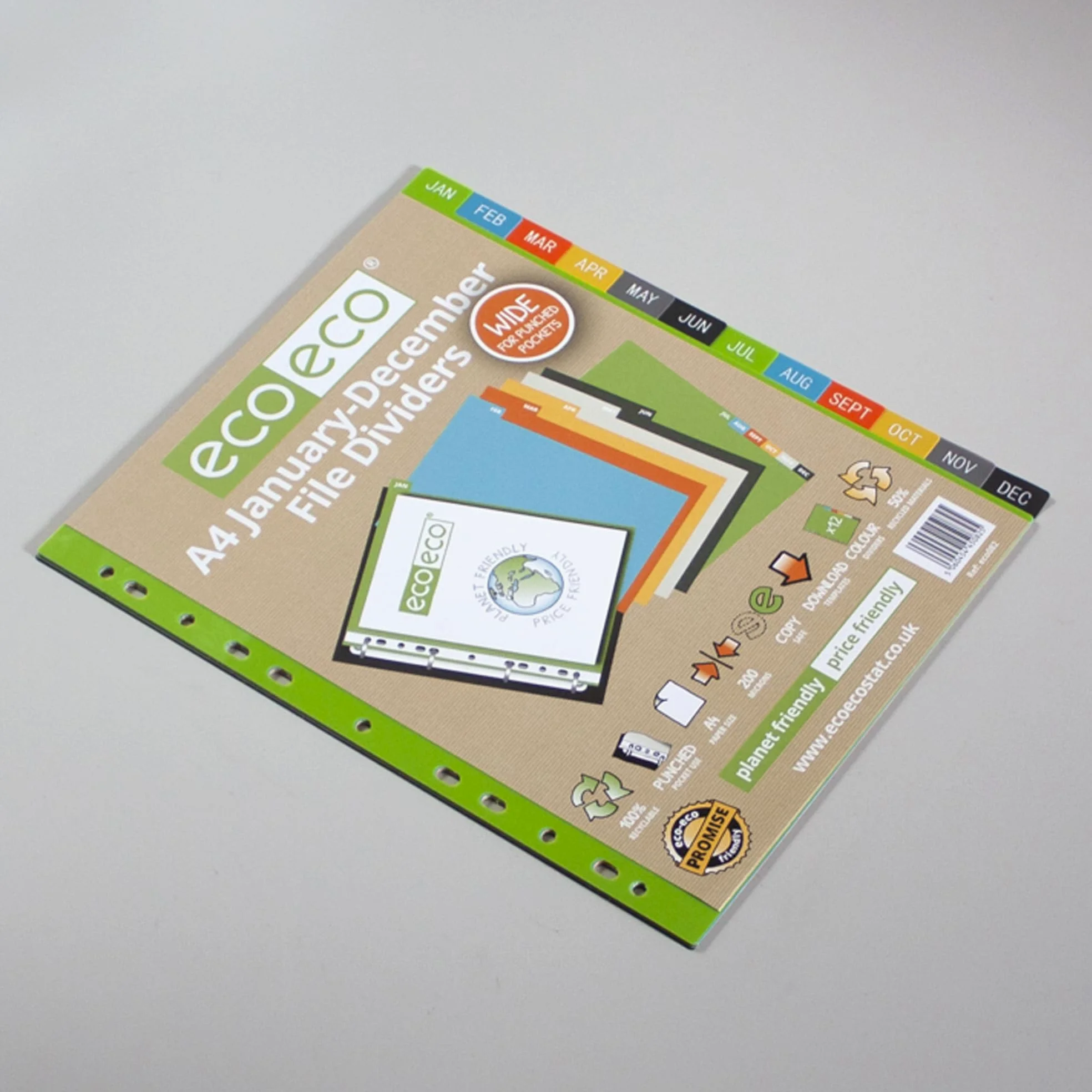 eco-eco Eco082x12 - Divisori extra larghi in formato A4, 50% riciclati, rinforzati, colori da gennaio a dicembre, 200 mic (confezione da 12), eco082 x 12