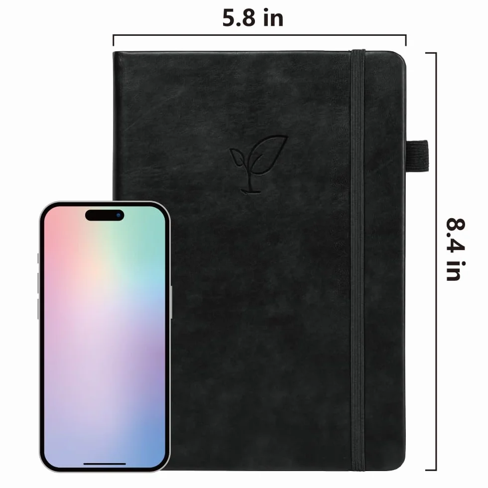 Hoci Poci Taccuino a righe, 400 pagine spesse per scrittura, formato A5, copertina rigida in pelle, con carta a righe da 100 g/m², per donne e uomini, per prendere appunti, 14,7 x 21,3 cm, nero