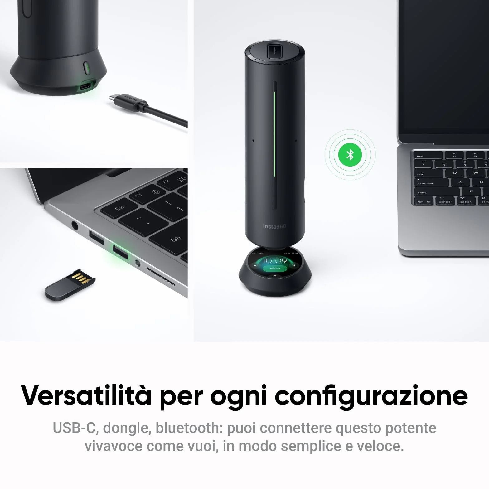 Insta360 Wave Nero grafite: Vivavoce IA, Bluetooth, Registratore vocale, 8 microfoni con Cancellazione del Rumore e Beamforming, Certificazione Zoom, Trascrizione e Riepiloghi IA in 99 Lingue, 32 GB