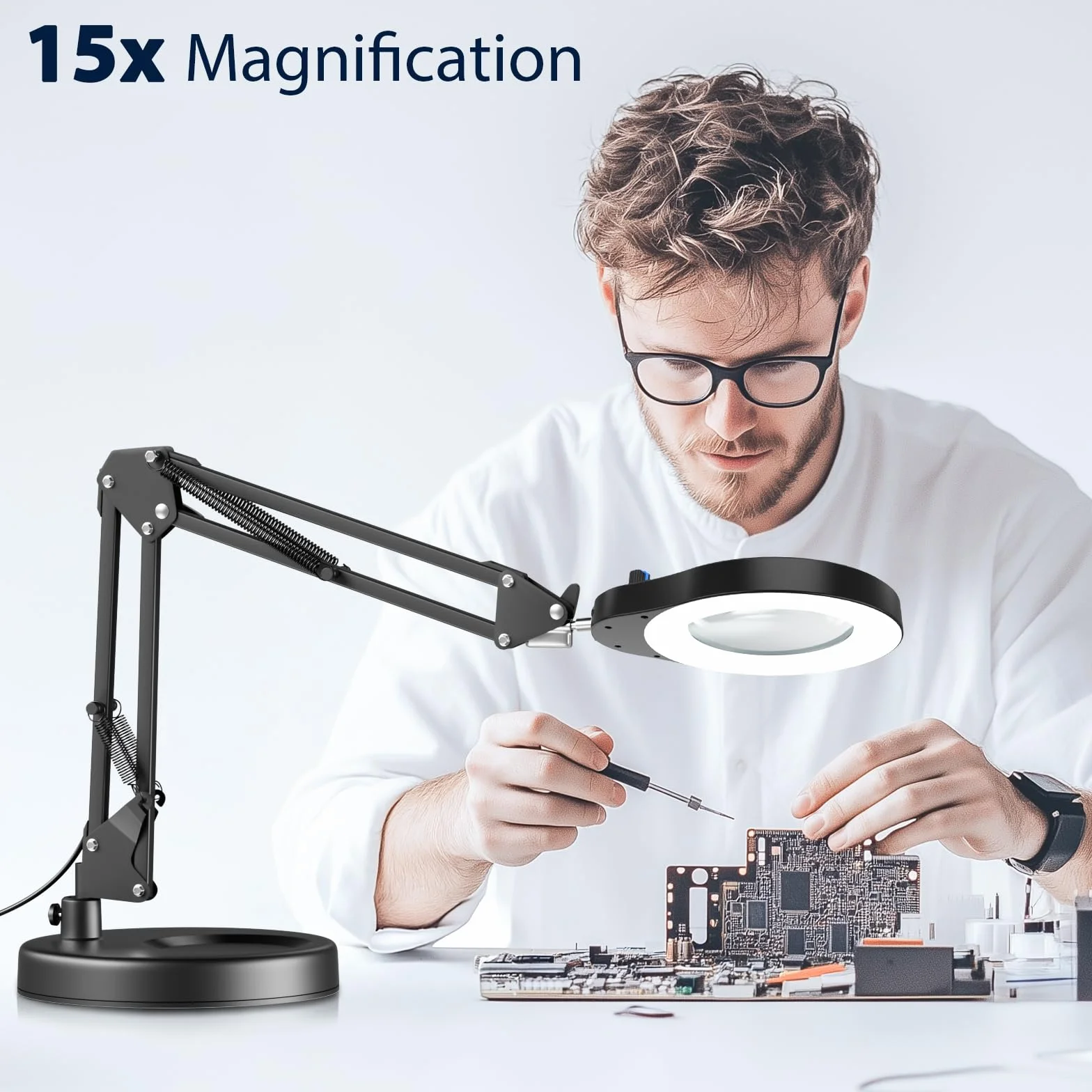 Lampada d'Ingrandimento 15X con Luce, 2 in 1 Base Larga e Clip, 5 Modalità Colore, Collo d'Oca Flessibile
