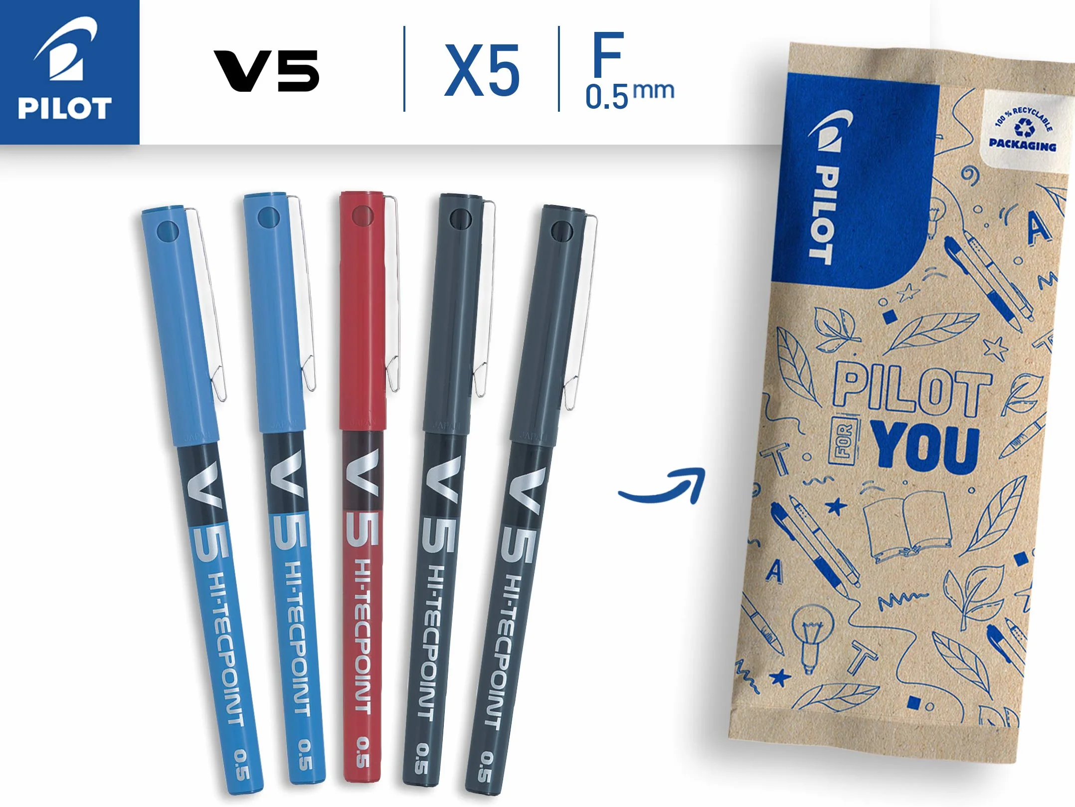 PILOT Set di 5 V5 Penna roller Inchiostro liquido a punta Fine 0,5mm - 2 Nero, 2 Blu, Rosso