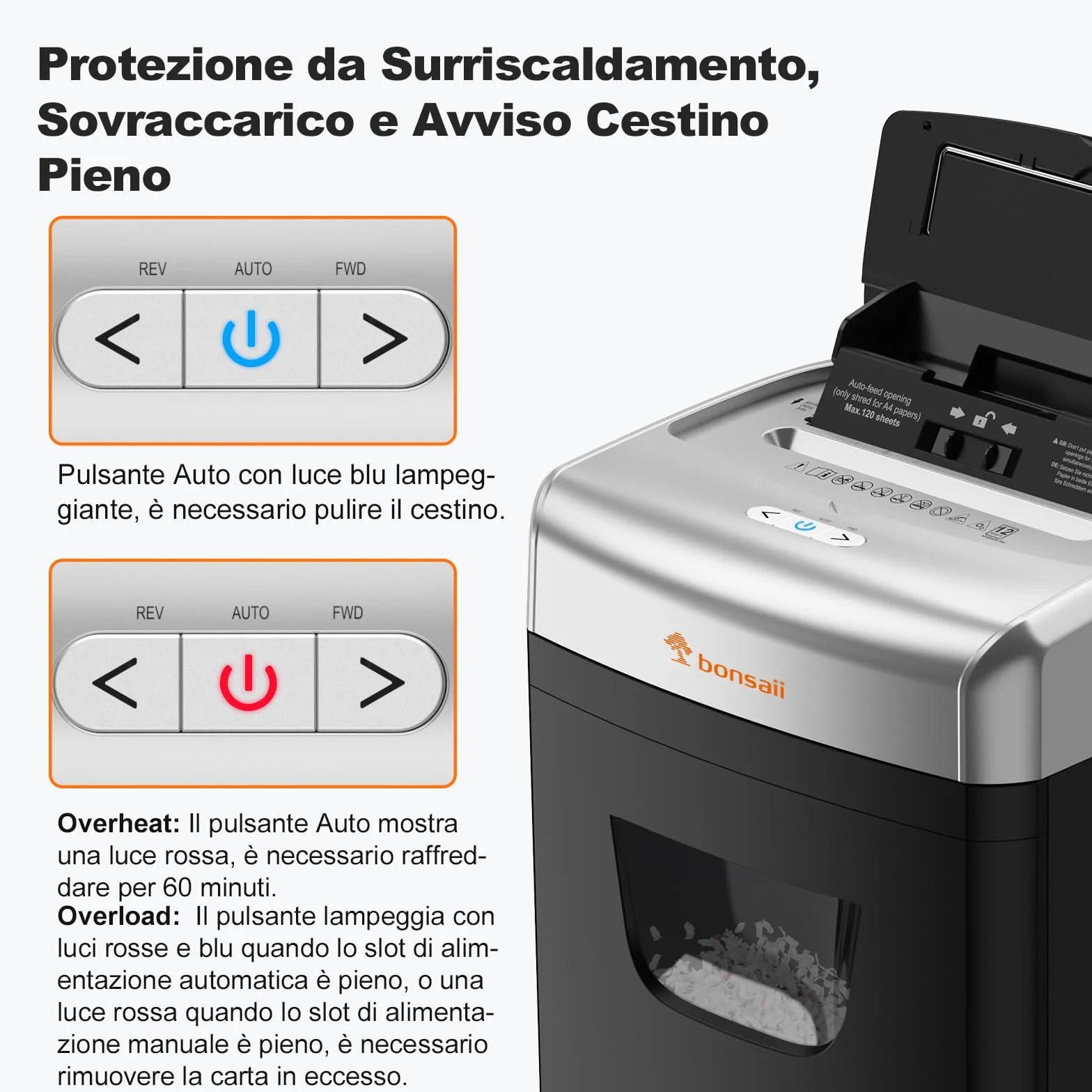 Bonsaii Distruggidocumenti da 120 fogli con alimentazione automatica, taglio a particelle P-4, estremamente silenzioso con 62 dB, contenitore da 23 litri e 4 ruote, trituratore a microtaglio