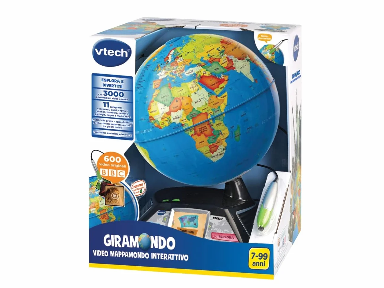 VTech Giramondo Video Mappamondo Interattivo Bambini con Penna Touch 2.7" 600 Video BBC Giochi Educativi Quiz Lingua Italiana 7-99 Anni