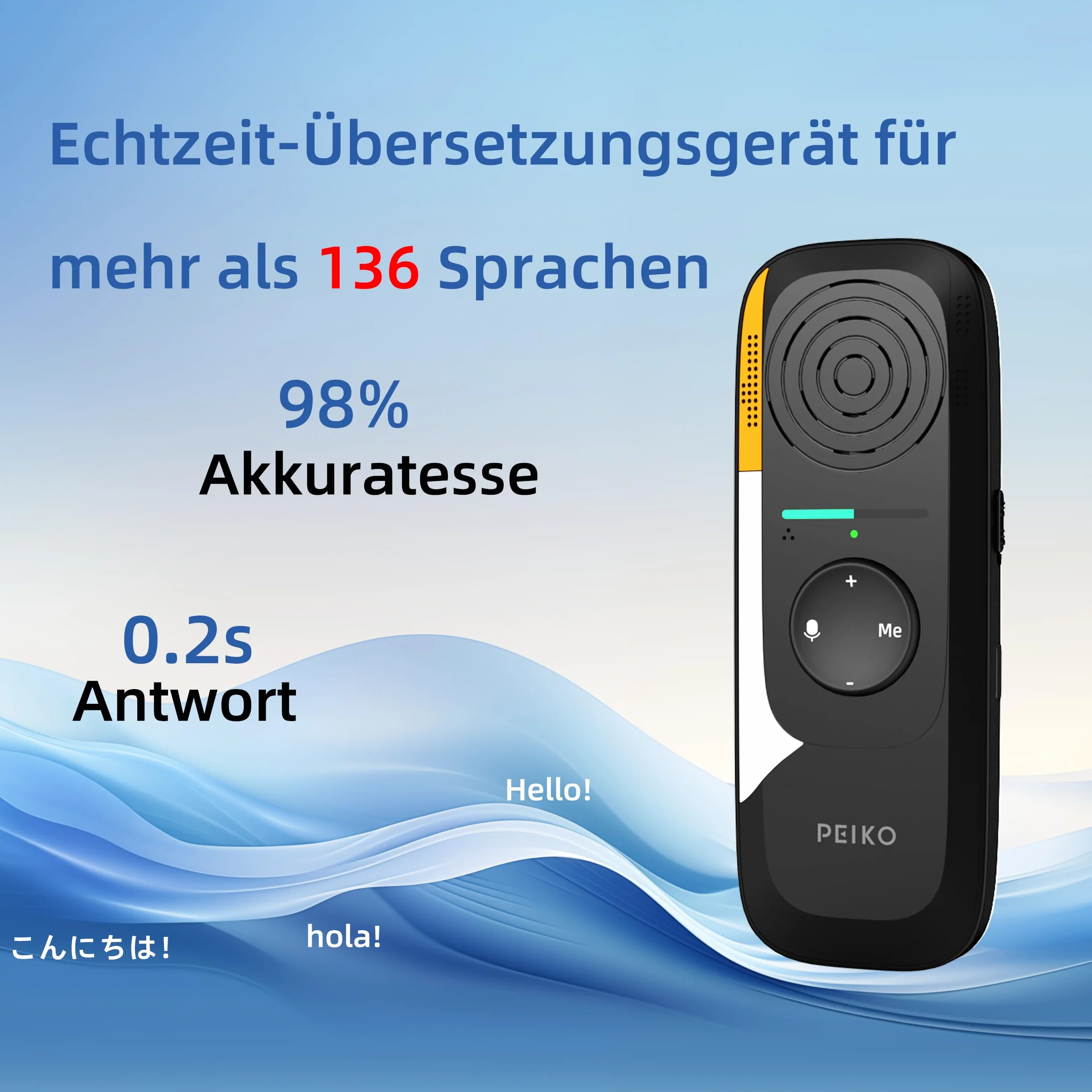 Peiko Traduttore vocale - Traduttore AI in tempo reale con 75 lingue e 136 accenti, traduzione offline bidirezionale, mini traduttore per viaggi, apprendimento e viaggi d'affari