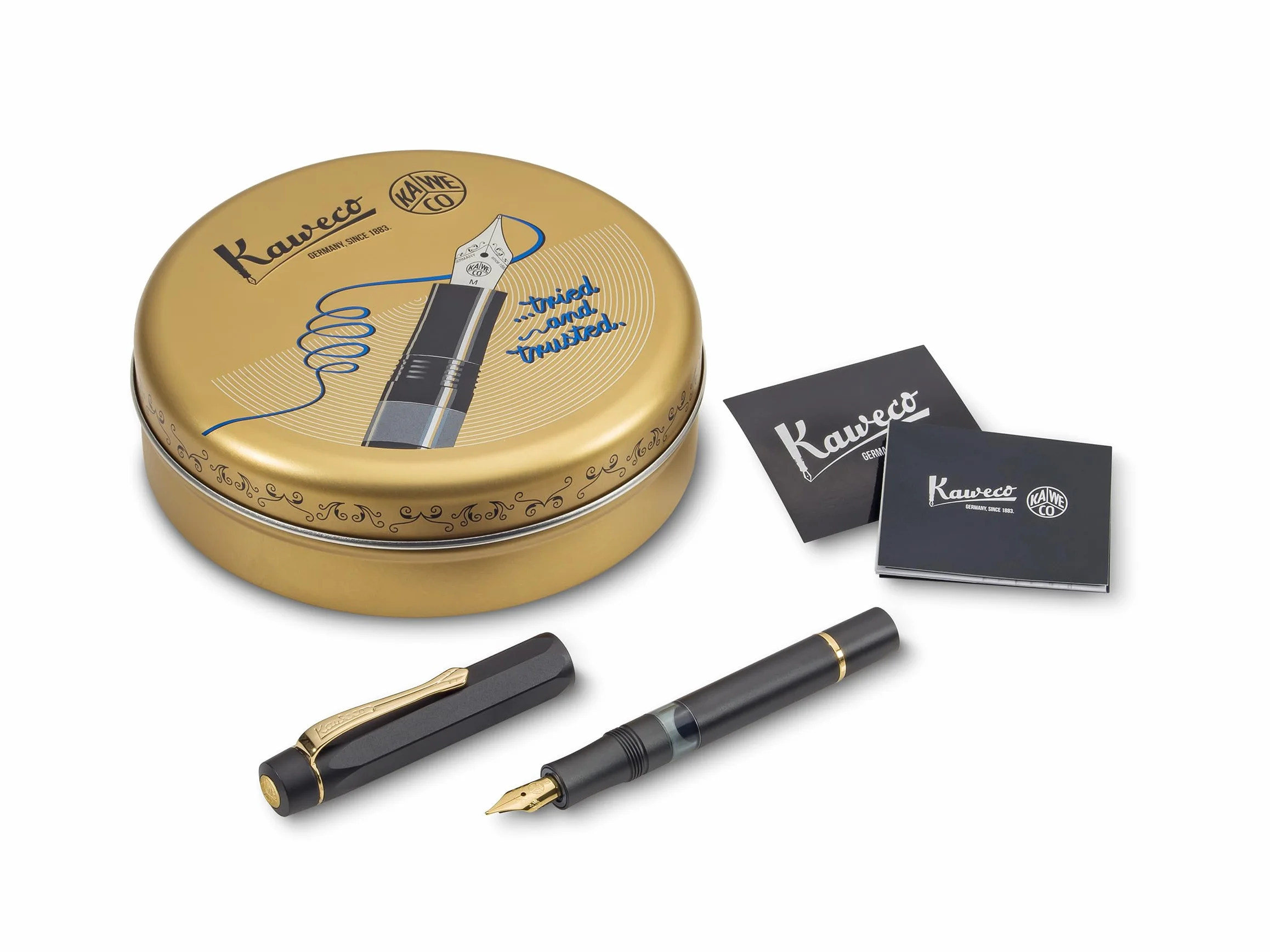 Kaweco PISTON SPORT AL Black/Gold Solo I Classica Penna stilografica in alluminio per caricare inchiostro con finestra trasparente in scatola retrò 13 cm, larghezza penna: M (medio)