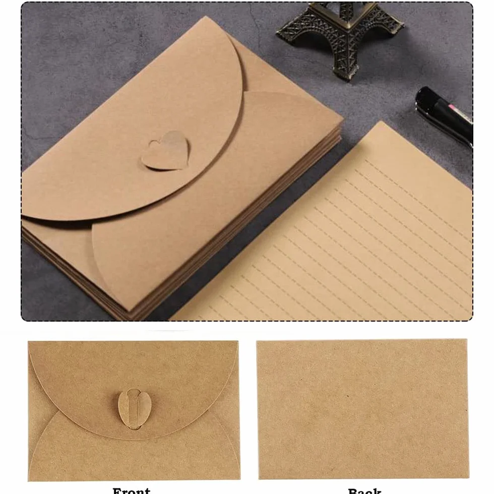 Buste in Carta Kraft 100 Pezzi 10 x 6 cm con Chiusura a Cuore per Partecipazioni Matrimonio