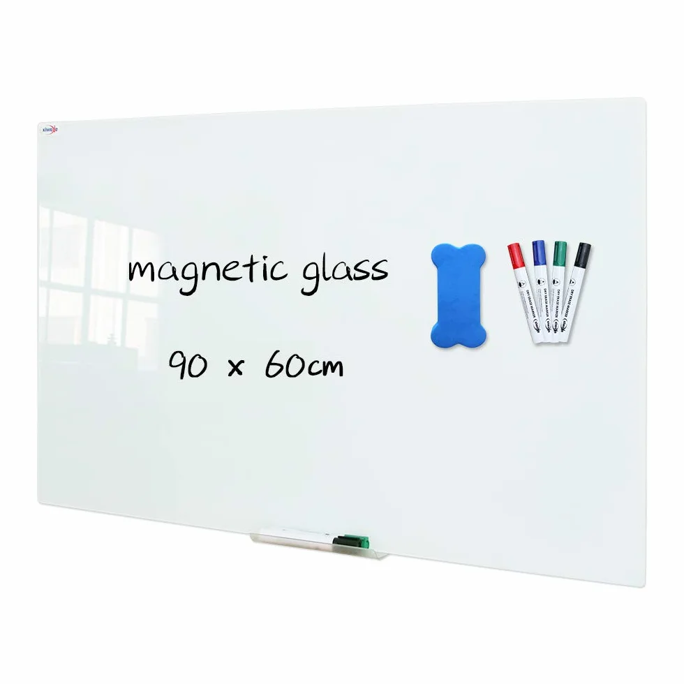 XIWODE Lavagna magnetica in vetro cancellabile a secco, 90 x 60 cm, montaggio a parete, in vetro temperato, senza cornice, superficie bianca satinata