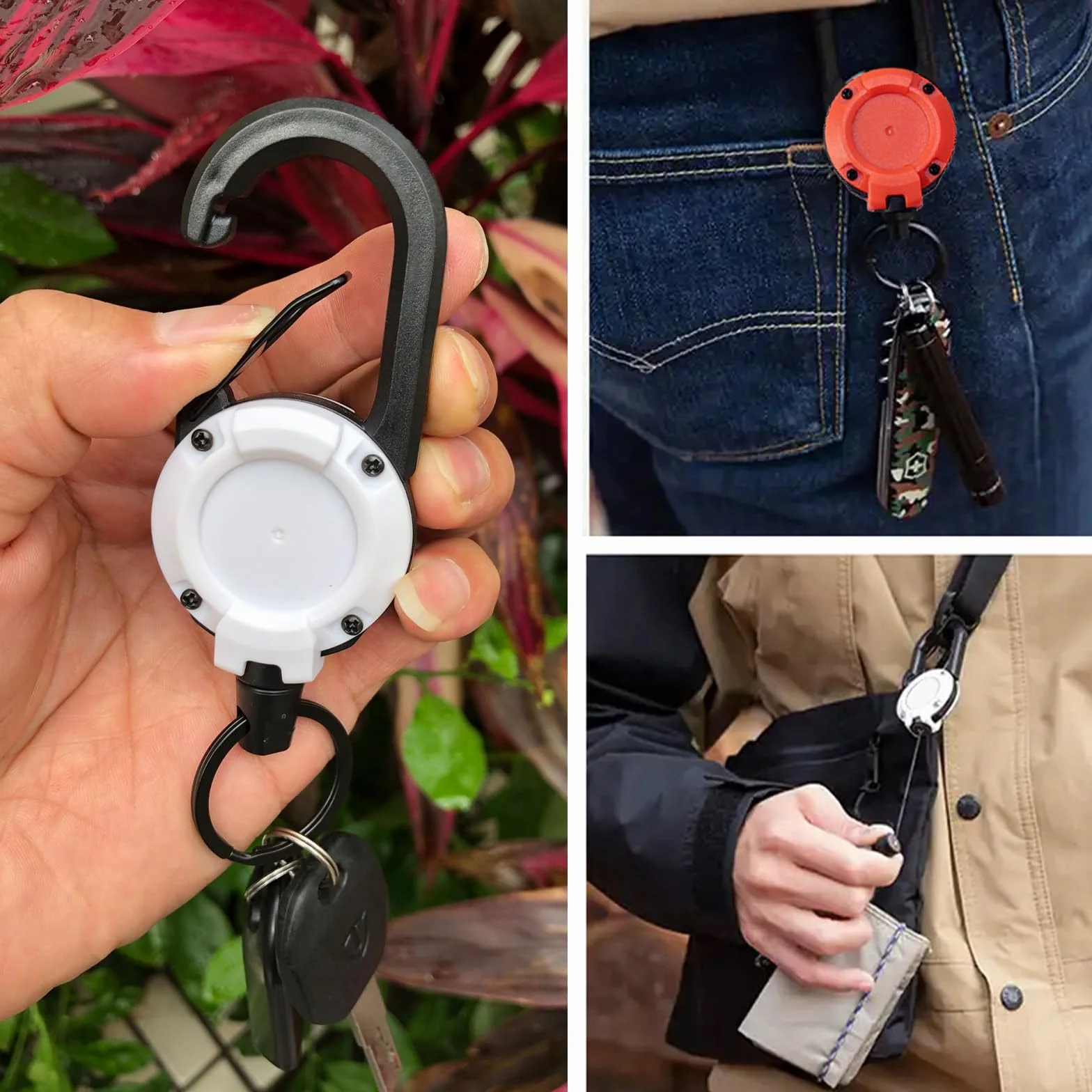 Portachiavi Retrattile Allungabile 64cm Cavo Acciaio, Porta Badge con Moschettone per Carte Identità Chiavi