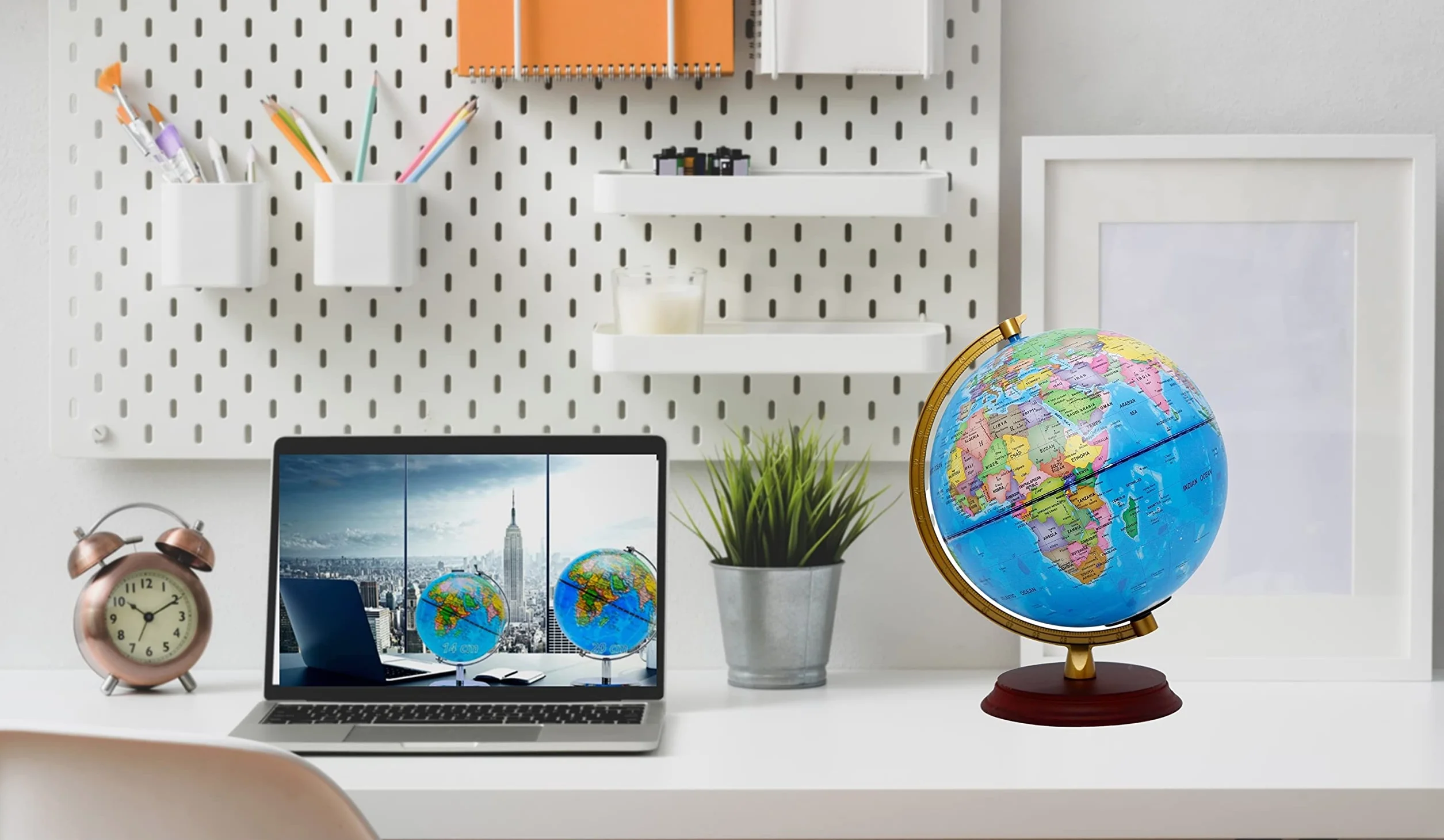 EXERZ 20cm Mappamondo illuminato - Mappa Inglese - Globo Supporto in Legno - Mappa Politica (Giorno) - Stelle Della Costellazione (Notte) - Lampada LED - Casa E Scuola