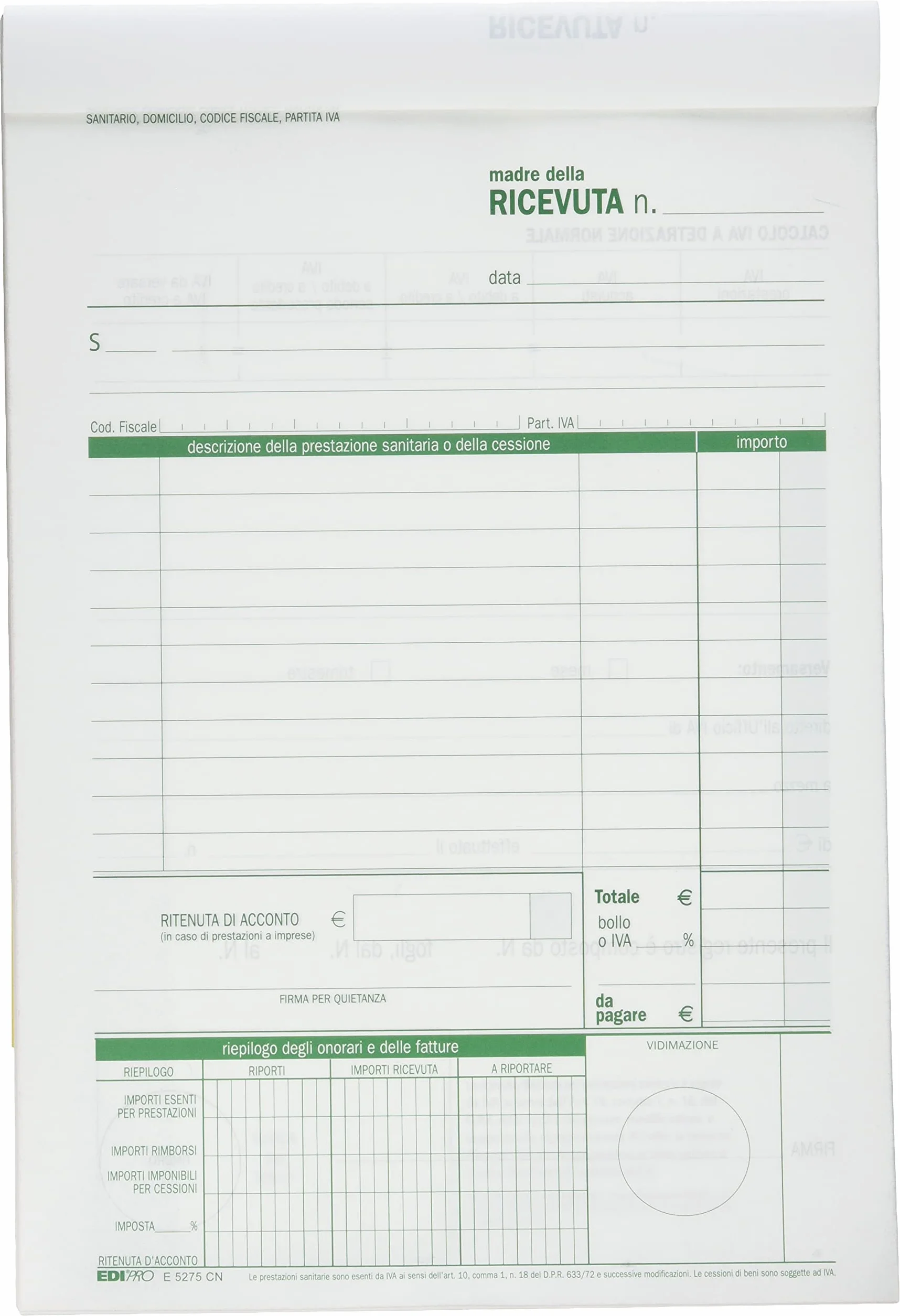 EDIPRO E5275CN Blocco ricevuta sanitaria 50x2 autoricalcante 22x14,8