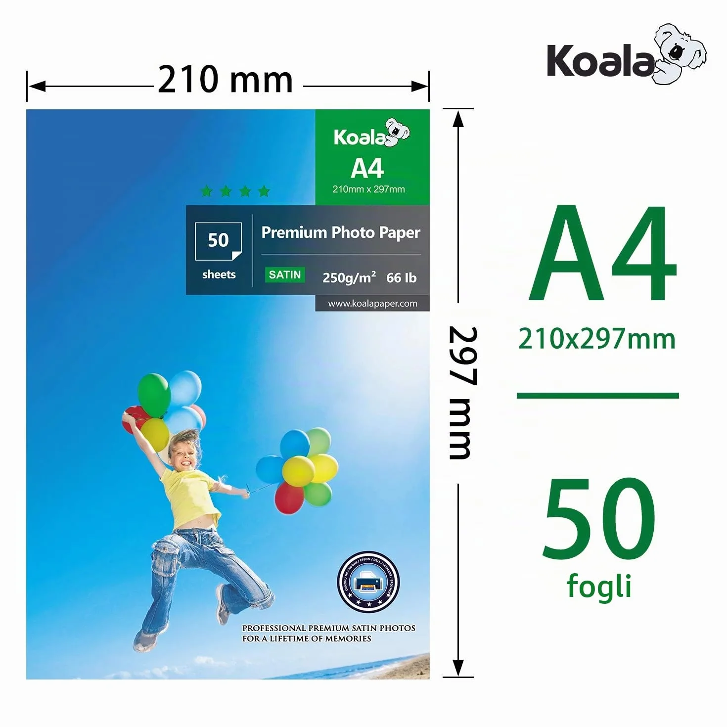 KOALA Carta Fotografica Satinata A4 250 g/m² 50 fogli per Stampanti a Getto d'Inchiostro Canon HP Epson