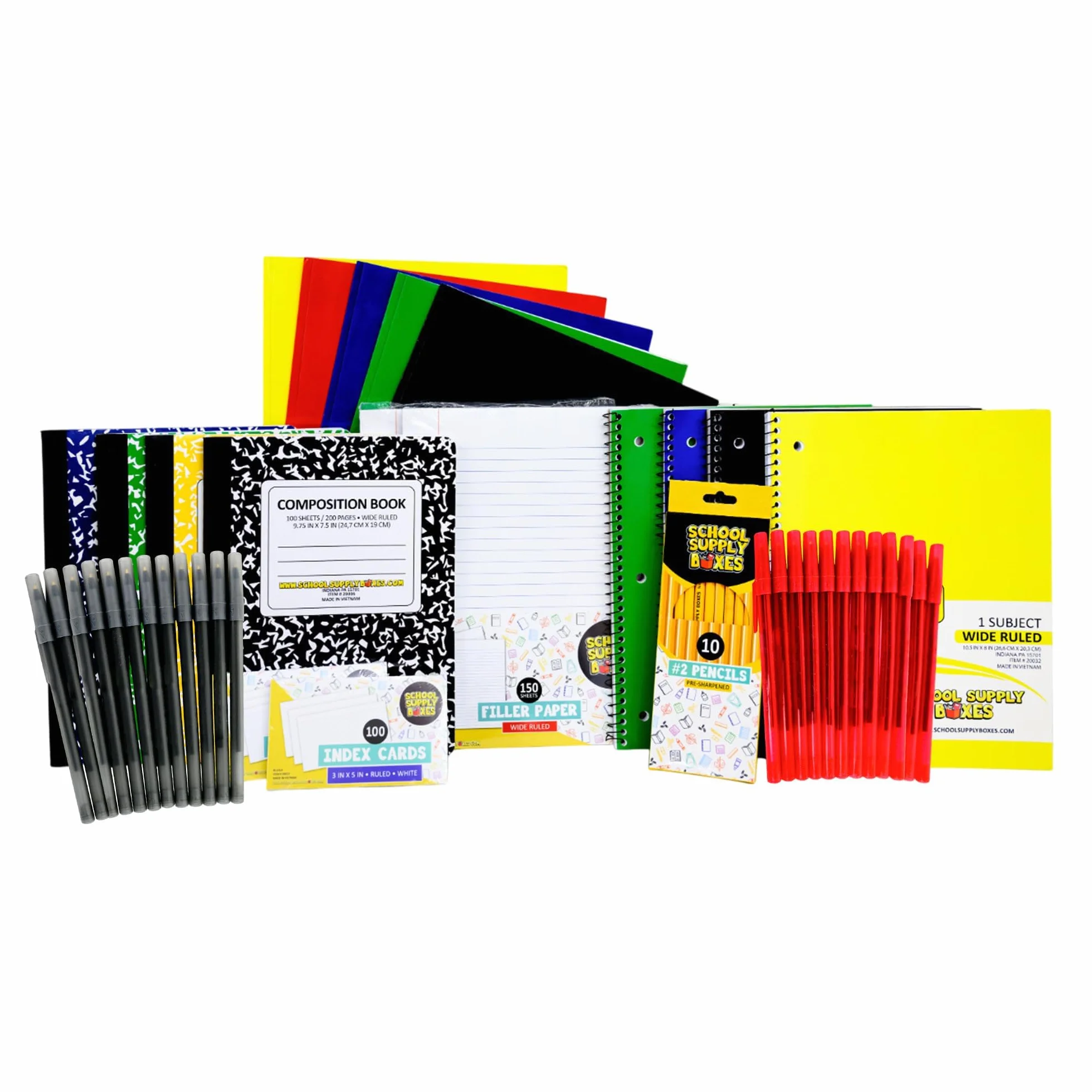 School Supply Boxes - Set per scrittura scolastica elementare, 1 scatola, 51 pezzi per scatola, elementi essenziali per il ritorno a scuola, include libri di composizione, fogli sfusi, schede indice