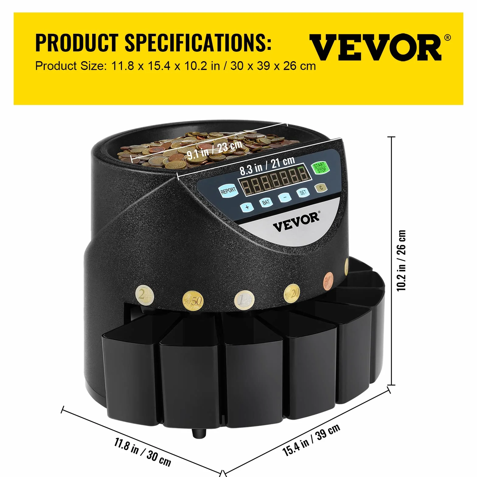 VEVOR Macchina Contamonete 500-1000 Monete in Euro Separatore per Monete Contamonete Velocità 300 pezzi/minuto Display a LED 7 Cifre Pannello Controllo 8 Cassetti, Tabaccheria, Scuole, Negozio, Banca