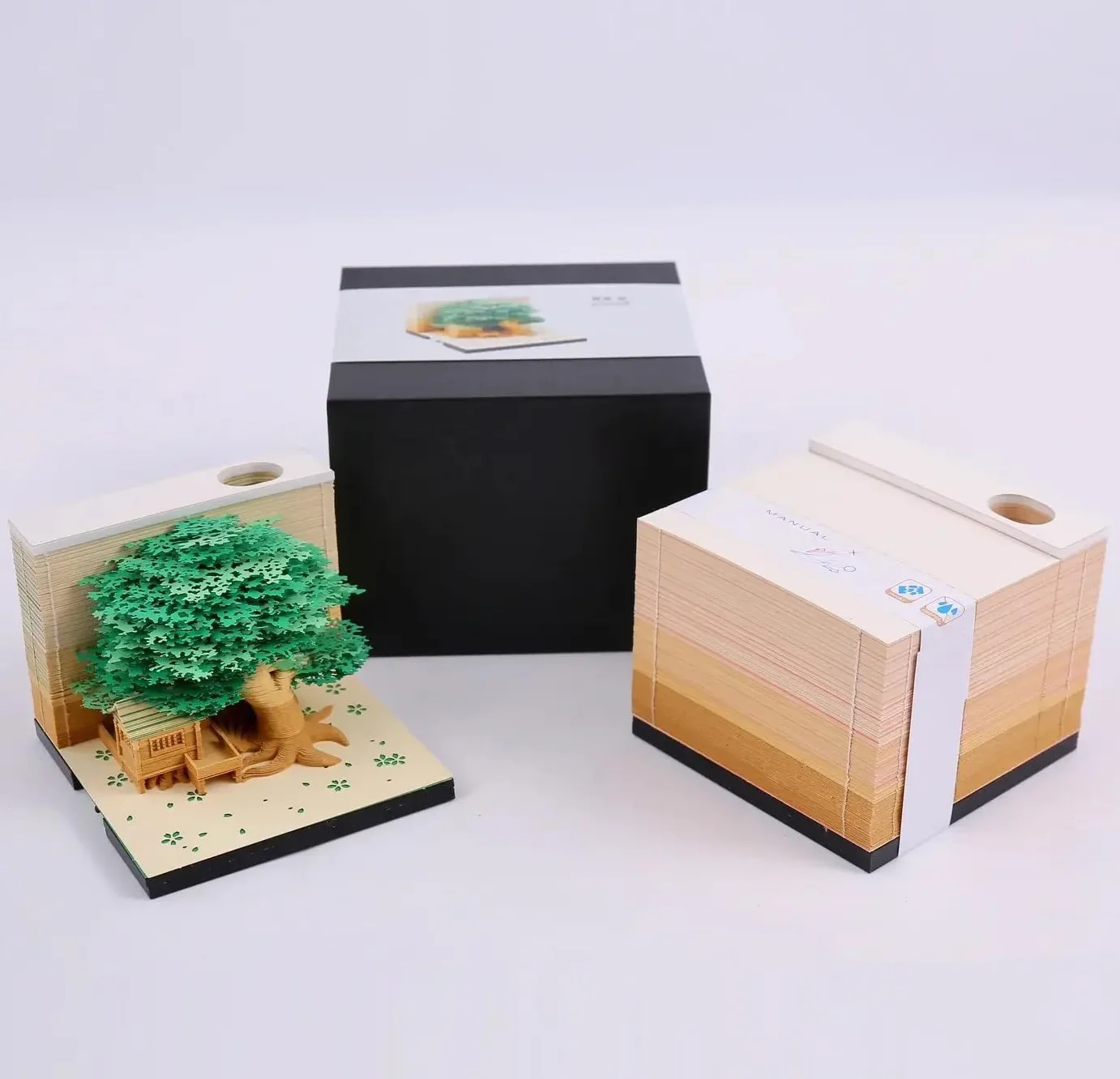 Blocco note 3D, non incollato, arte su carta 3D con scatola display trasparente, 9 x 9 x 6 cm, 260 fogli, centrotavola con modello di carta, casa sull'albero (Casa sull'albero verde)