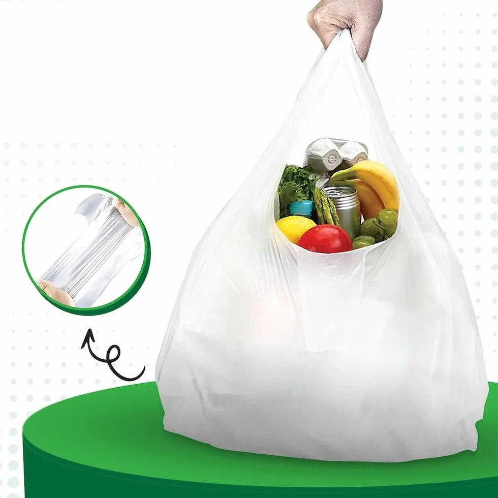 Sacchetti Bianchi in Plastica Ecologica con Manici - Stile Gilet, Dimensioni a Scelta per Spesa, Regali, Boutique