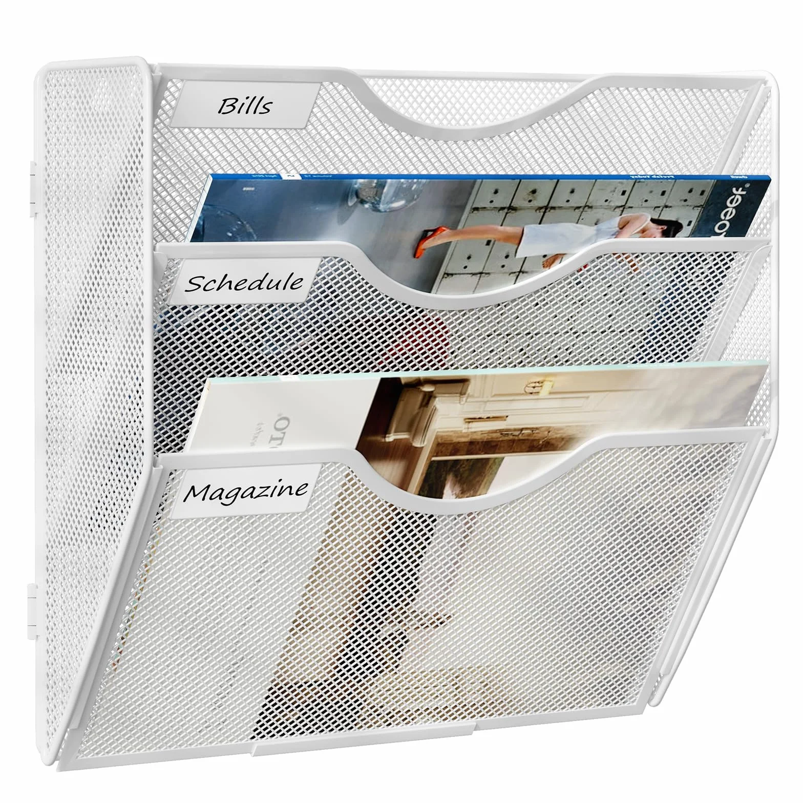 TQVAI 3 Ripiani Organizer Documenti Parete, Portariviste da Parete Metallo Scaffale per Documenti A4 Organizzatore Scrivania Ufficio Casa, Bianco