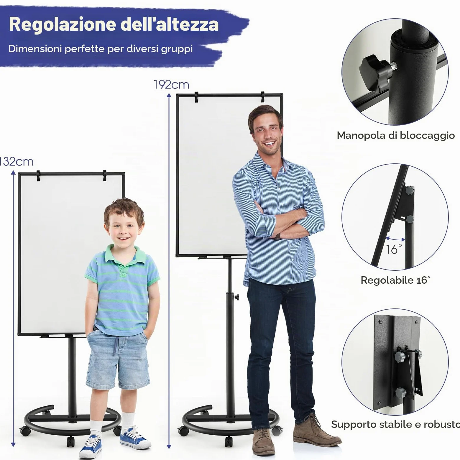 GYMAX 100 x 65 x 132-192 cm Lavagna Bianca a Secco Mobile, Lavagna Magnetica con Ruote e Supporto Regolabile in Altezza, 1 Cancellino,12 Magnetici, 25 Fogli di Carta, 6 Penna, 2 Graffette (Nero)