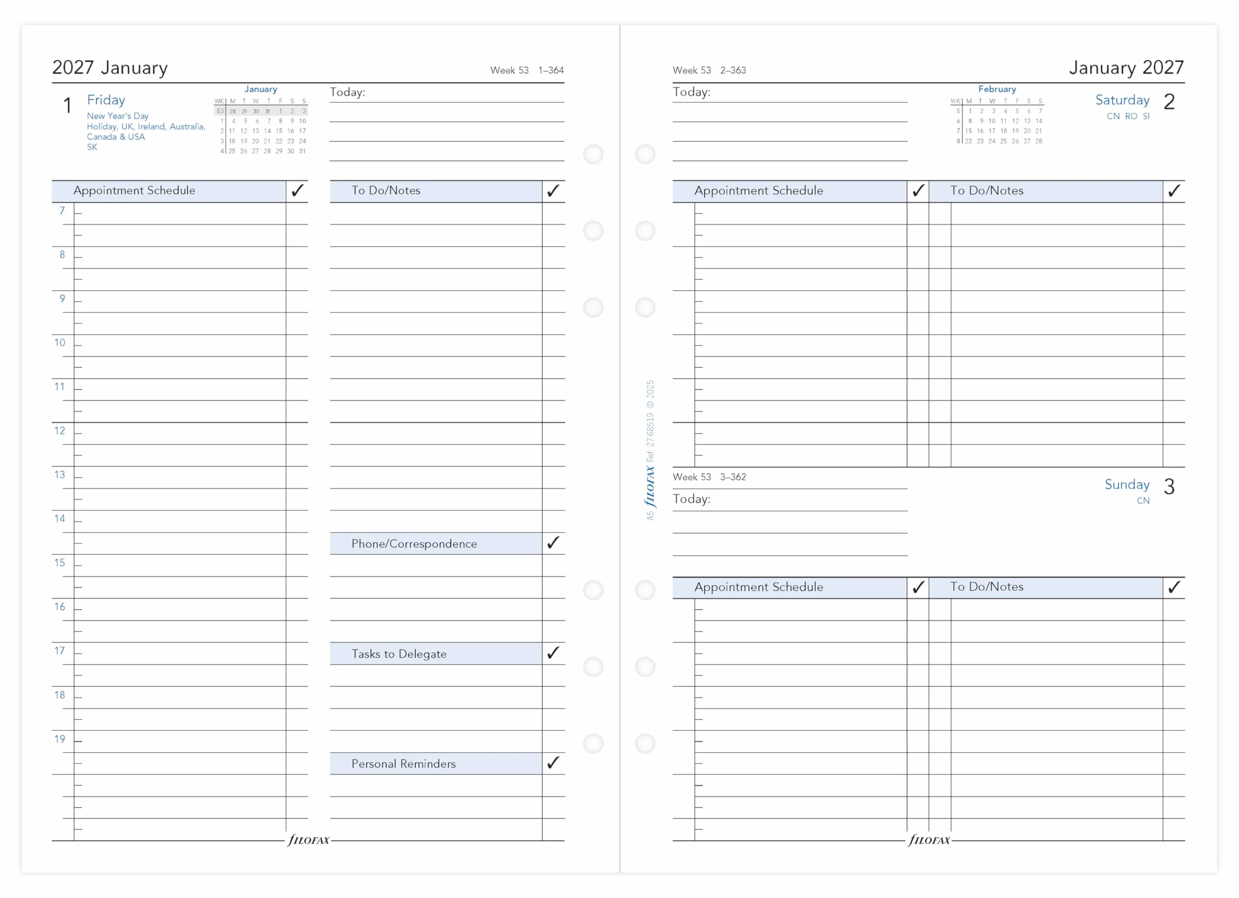 Filofax Agenda 2027, formato A5, con un giorno lavorativo per pagina, 27-68519